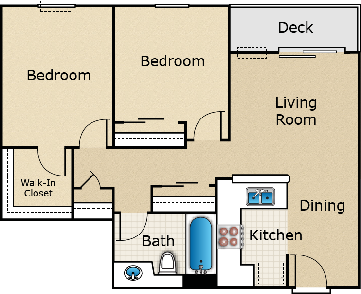 2 Bed 1 Bath, a 2 bedroom 1 bathroom floor plan.