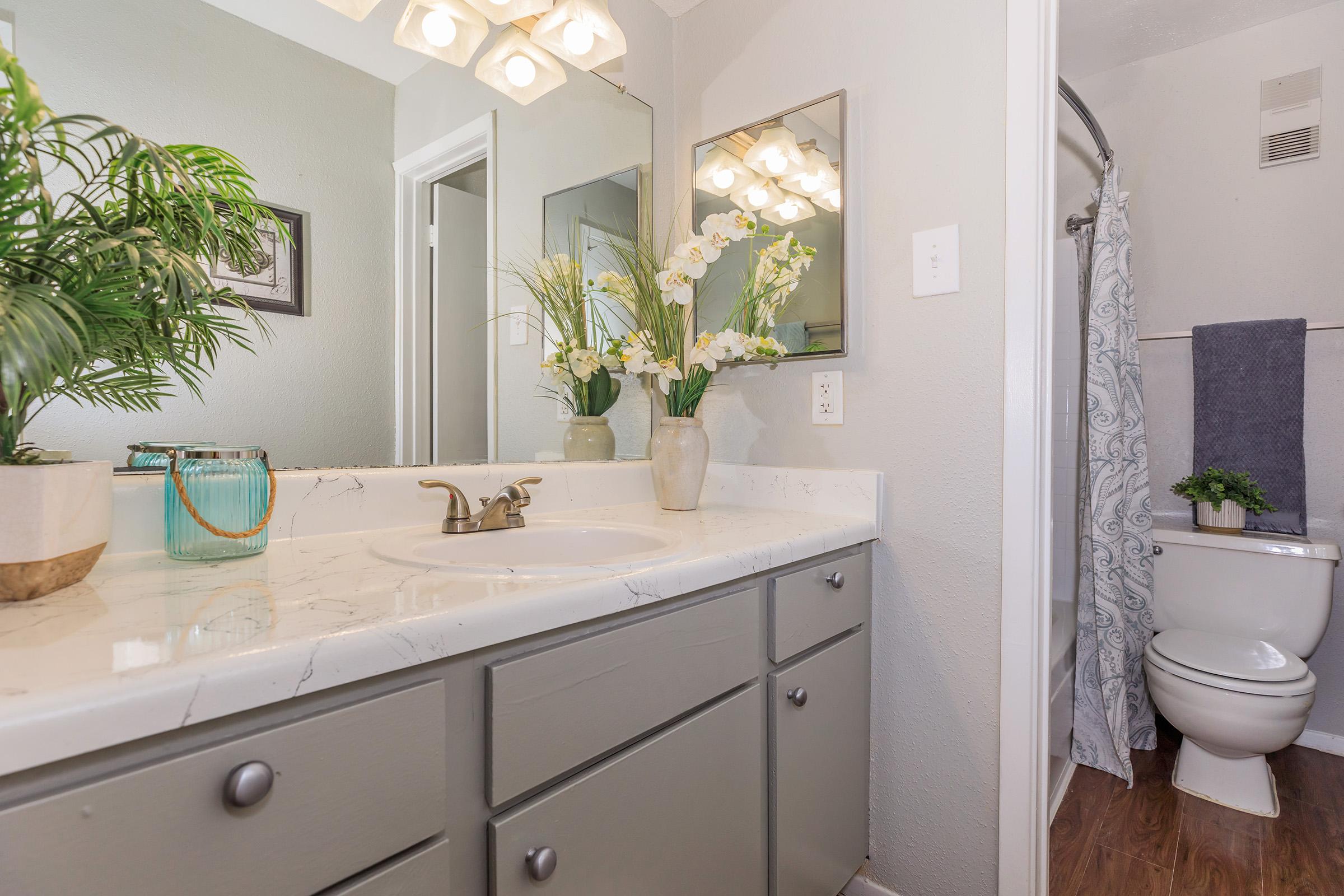 a kitchen with a sink and a mirror