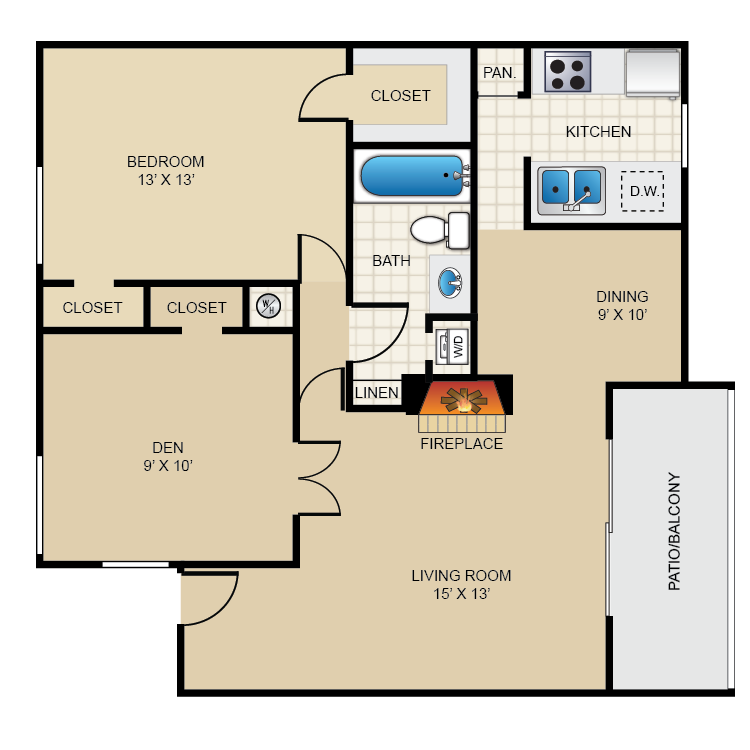 Floor plan image of 2 Bed 1 Bath w/Den
