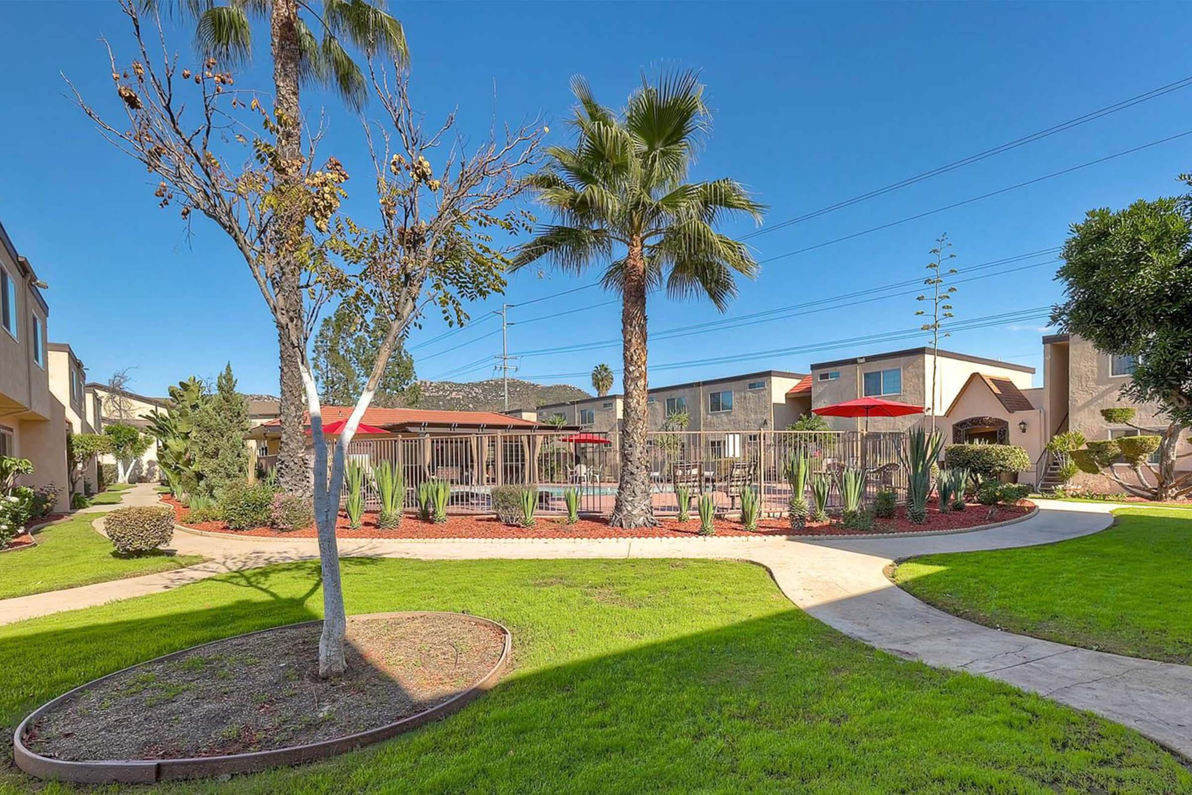 A landscaped outdoor area featuring a lawn, palm trees, and walking paths, surrounded by residential buildings. The scene includes a fenced pool area with lounge chairs and umbrellas, set against a clear blue sky and distant mountains.