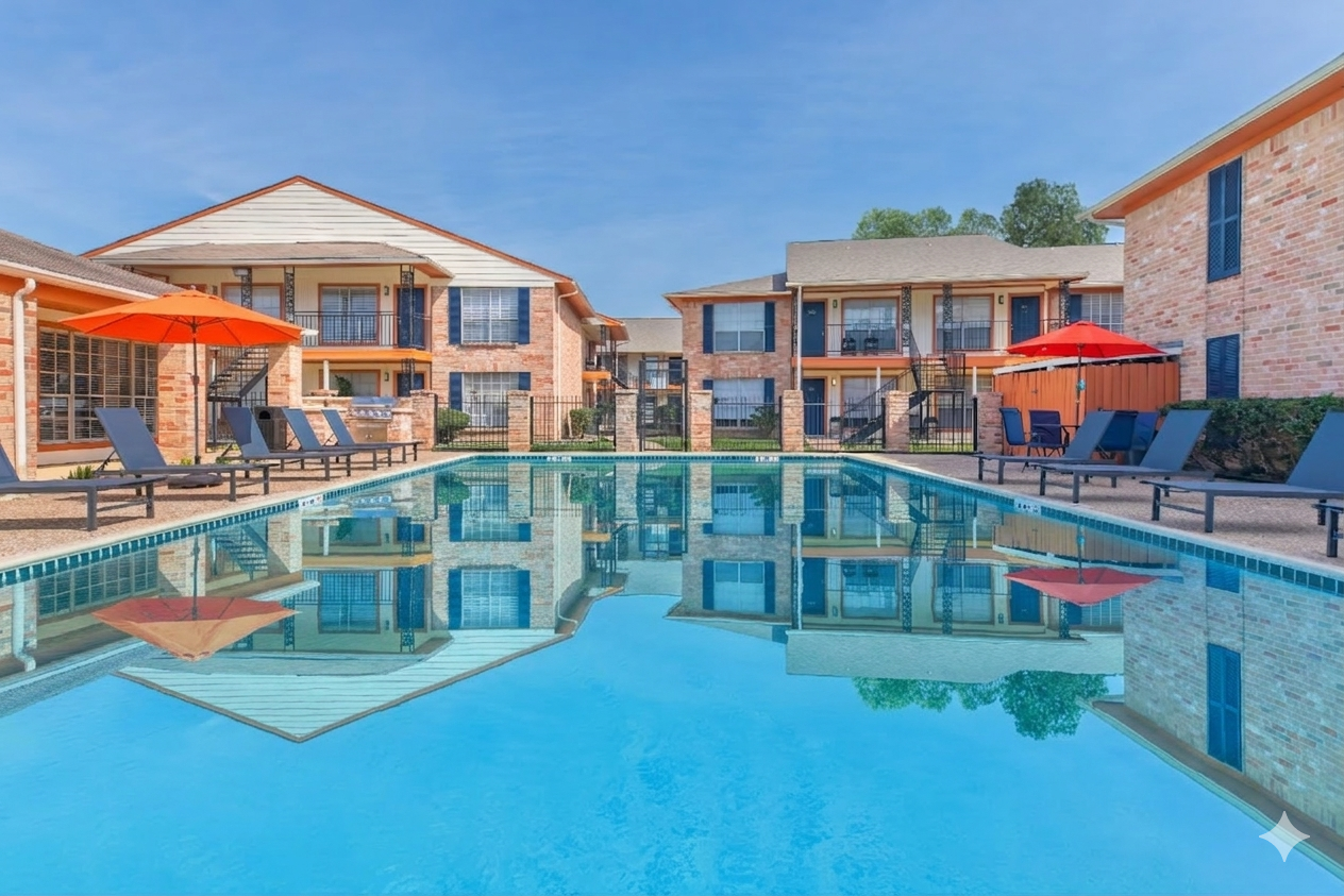 A tranquil swimming pool surrounded by lounge chairs and bright orange umbrellas, reflecting the blue sky and nearby brick buildings. The scene is set in a residential complex, with well-maintained landscaping and a clear, inviting atmosphere. Ideal for relaxation and leisure.