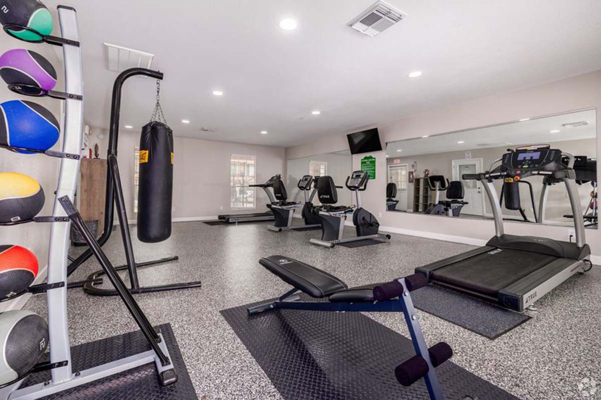 A spacious gym featuring a variety of exercise equipment, including a treadmill, stationary bikes, a punching bag, and a weight bench. The room is well-lit with mirrors and colorful exercise balls on a rack, creating a welcoming fitness environment.