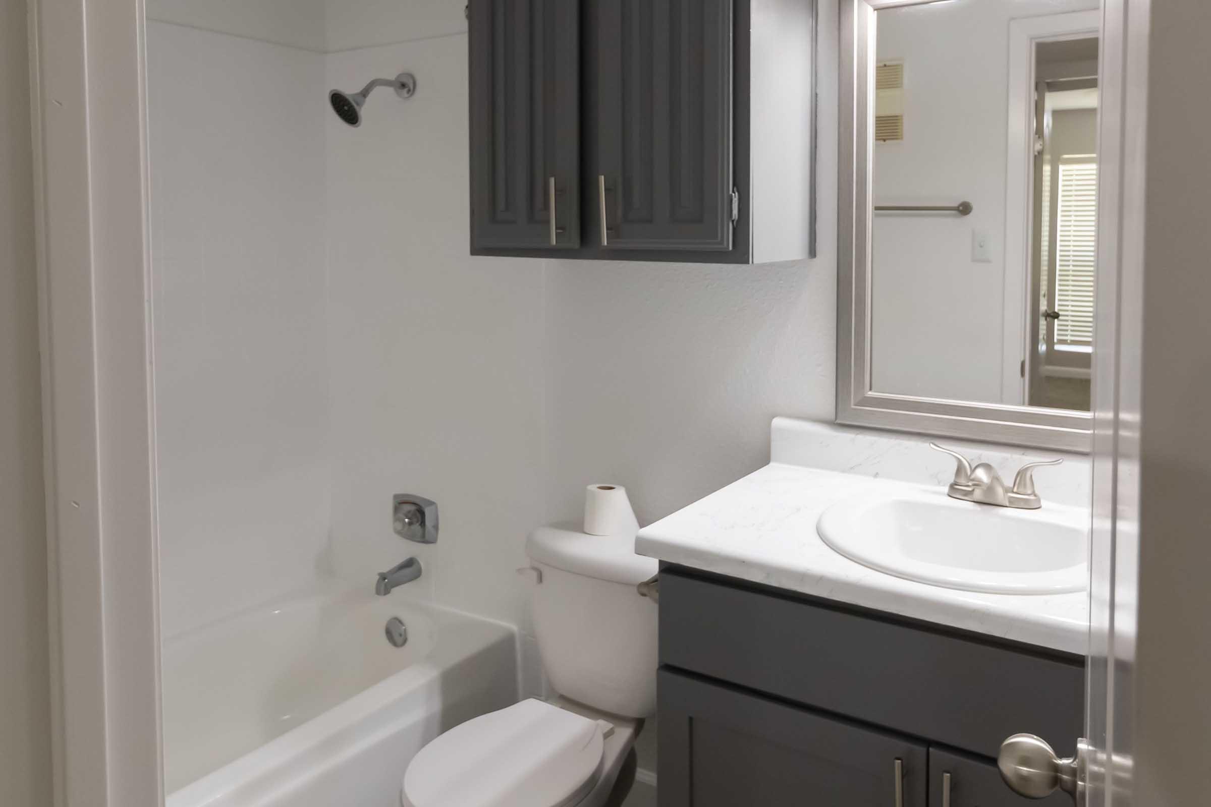 A clean and modern bathroom featuring a bathtub with a showerhead, a toilet, and a sink with a marble countertop. The cabinetry is dark gray, and there is a large mirror above the sink. Natural light enters through a window, creating a bright atmosphere.
