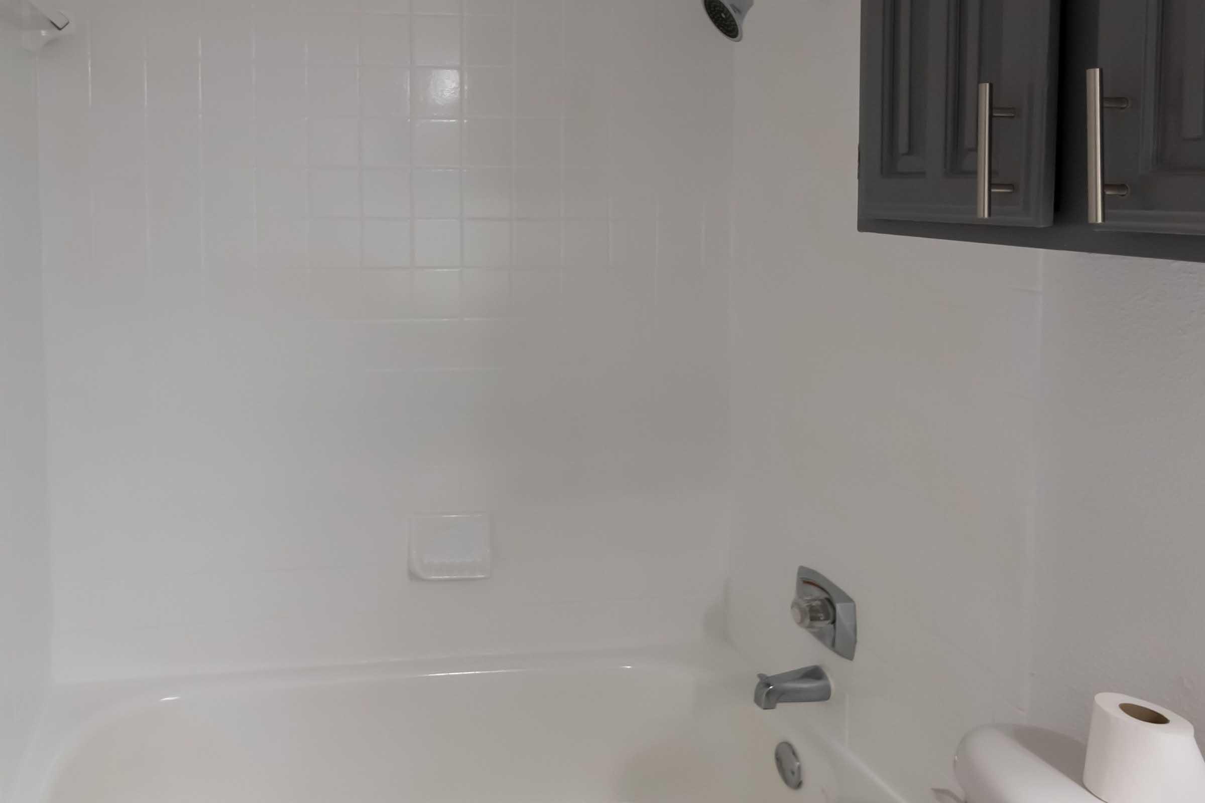 A clean, white bathtub area with smooth tiles and a modern faucet. The shower head is mounted on the wall, and there are gray cabinets above the tub. A roll of toilet paper is placed nearby, indicating a neat and functional bathroom space.