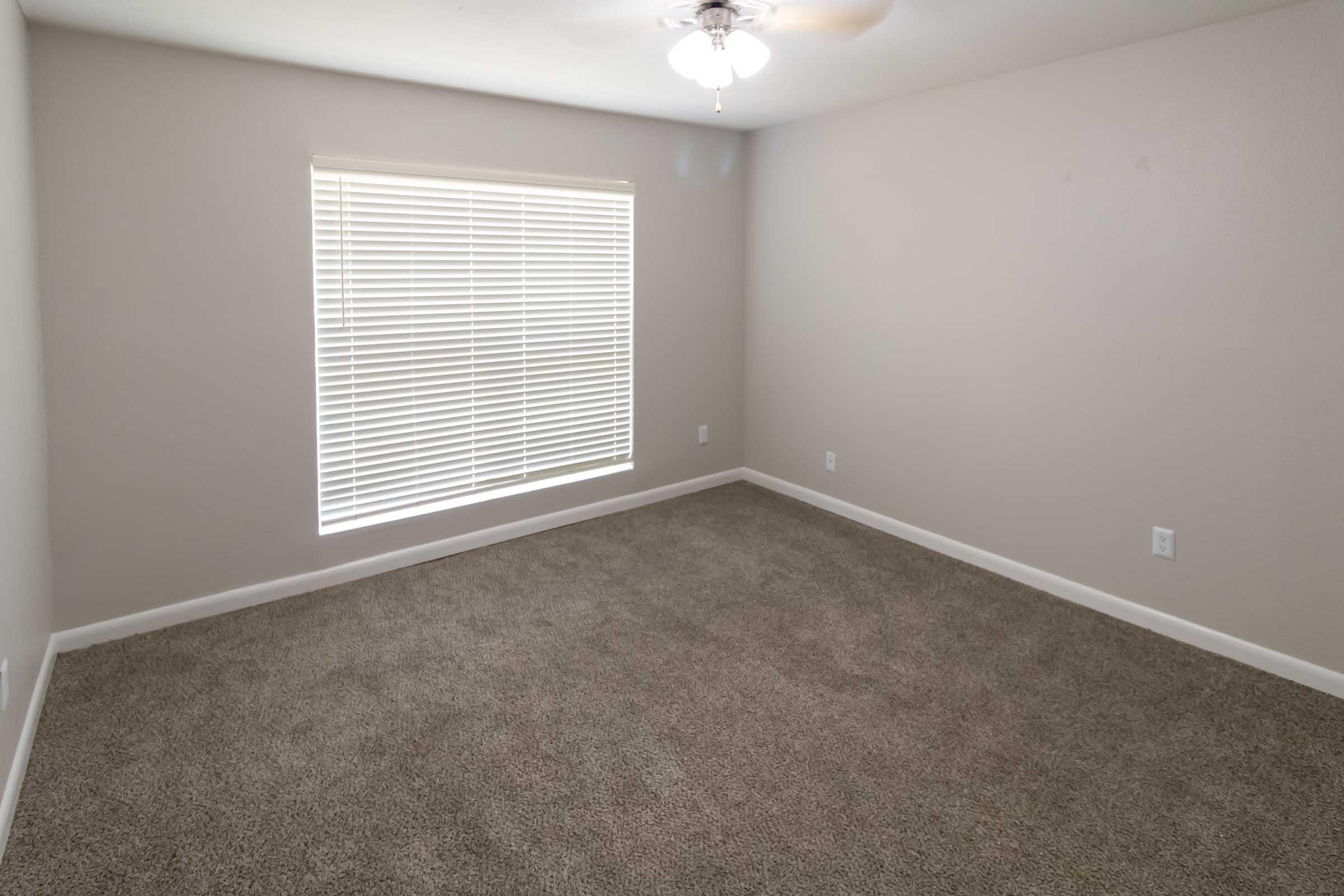 A spacious, empty room with light beige carpet and neutral-colored walls. A window with white blinds allows natural light to enter, and a ceiling fan is visible. The room is unfurnished and has a clean, minimalist appearance, suitable for various uses.