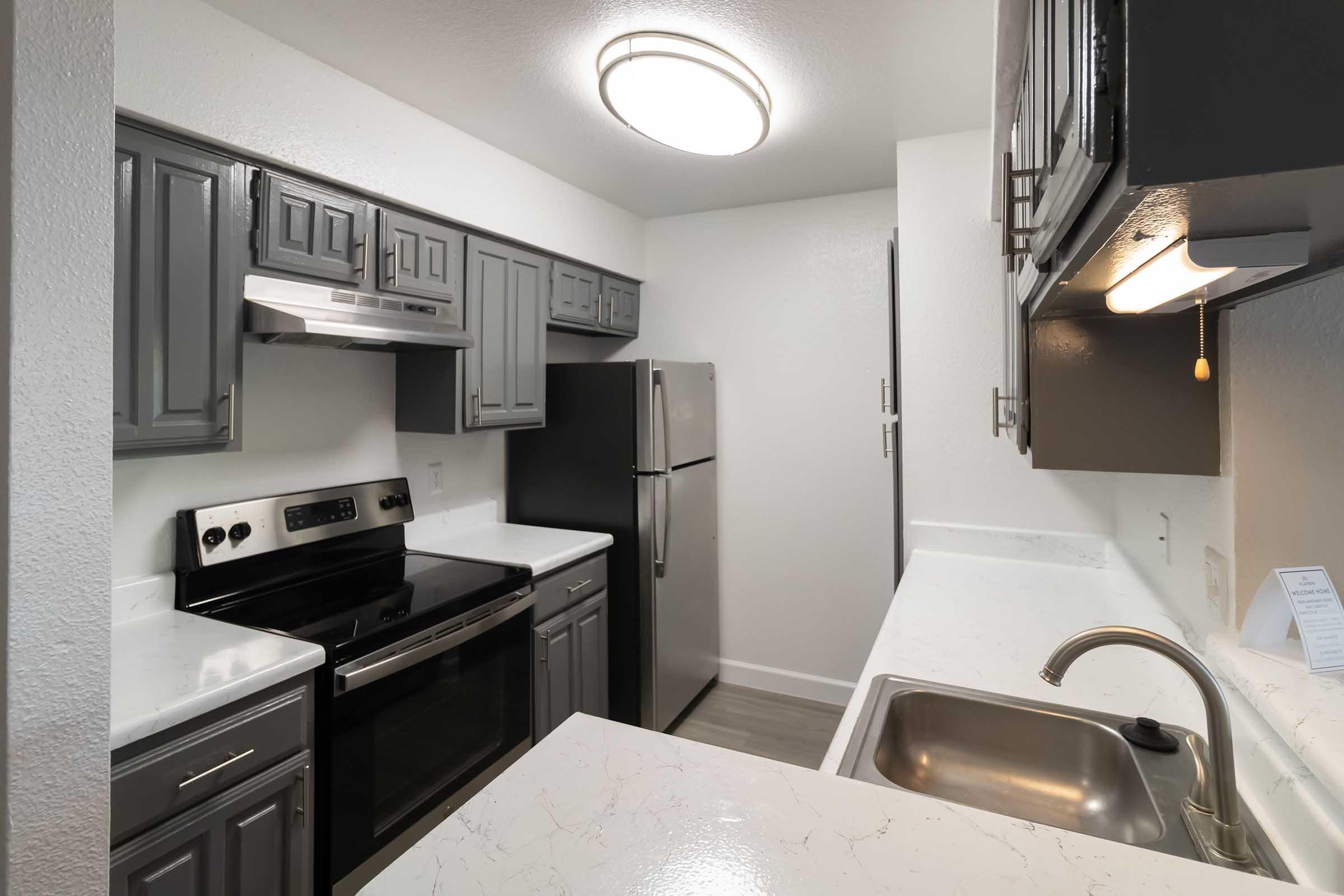 Modern kitchen featuring gray cabinetry, stainless steel appliances including an oven, stovetop, and refrigerator, along with a white countertop and sink. The space is well-lit by a circular ceiling light, showcasing a clean and contemporary design with a neutral color palette.