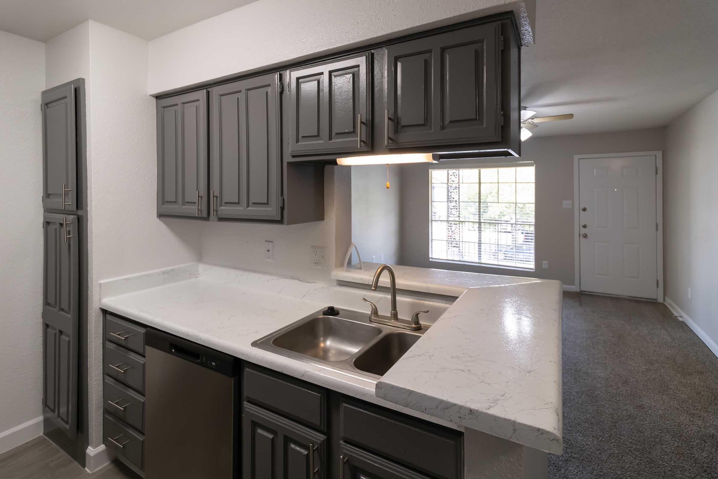 Modern kitchen with gray cabinets, a stone countertop, and a double sink. Stainless steel dishwasher is visible. The open space leads to a well-lit living area with a window and a door, featuring warm colors and a cozy carpeted floor.