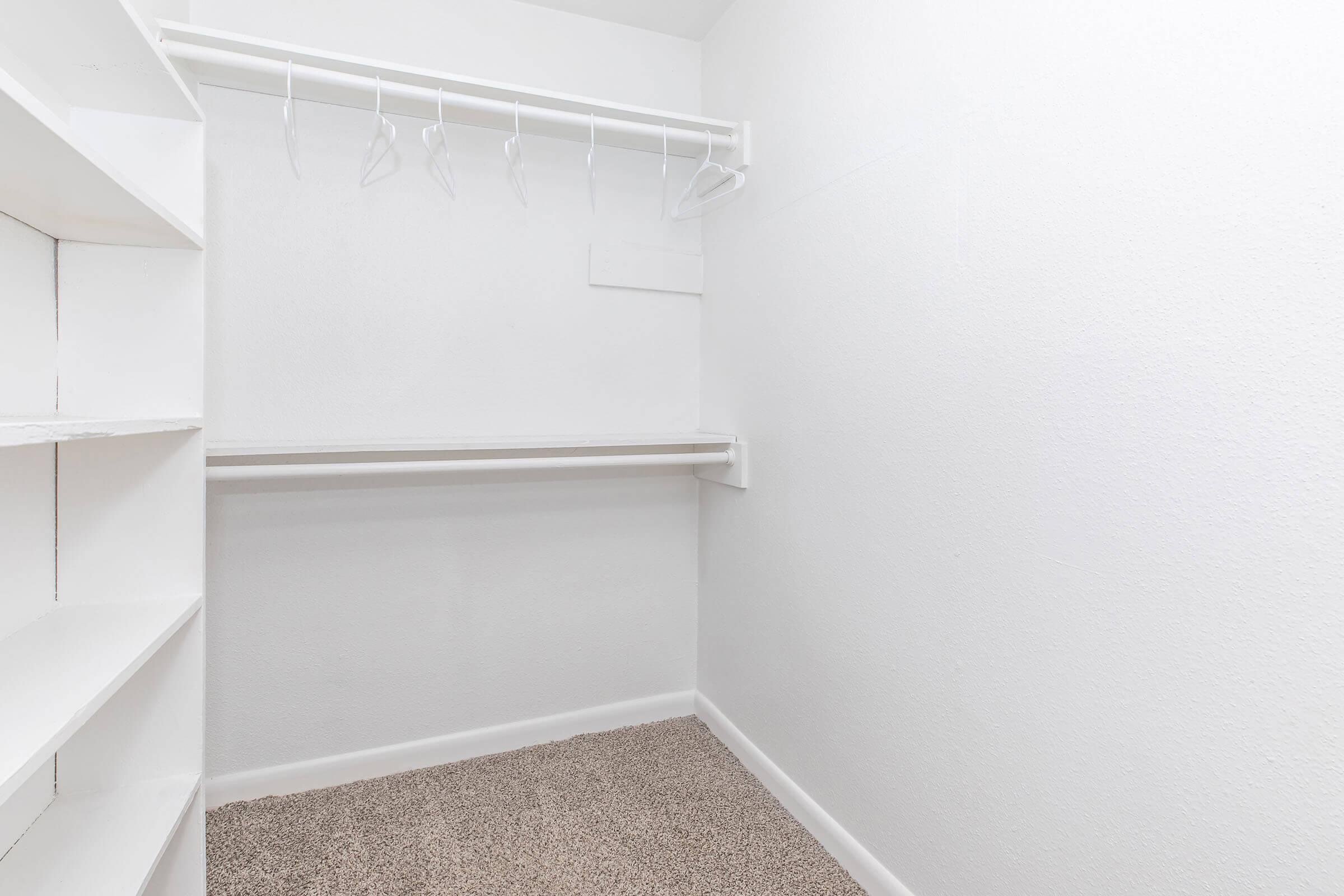 Empty closet space with white walls, a shelf on the left, and a hanging rack above. The floor is covered in beige carpet, and the overall atmosphere is bright and uncluttered.
