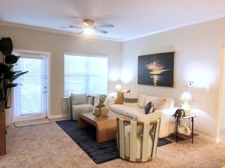 A cozy living room featuring a light-colored sectional sofa with decorative pillows, a wooden coffee table, and a soft rug. The room is well-lit with natural light from two windows, and there are potted plants along with a piece of wall art depicting a sunset.