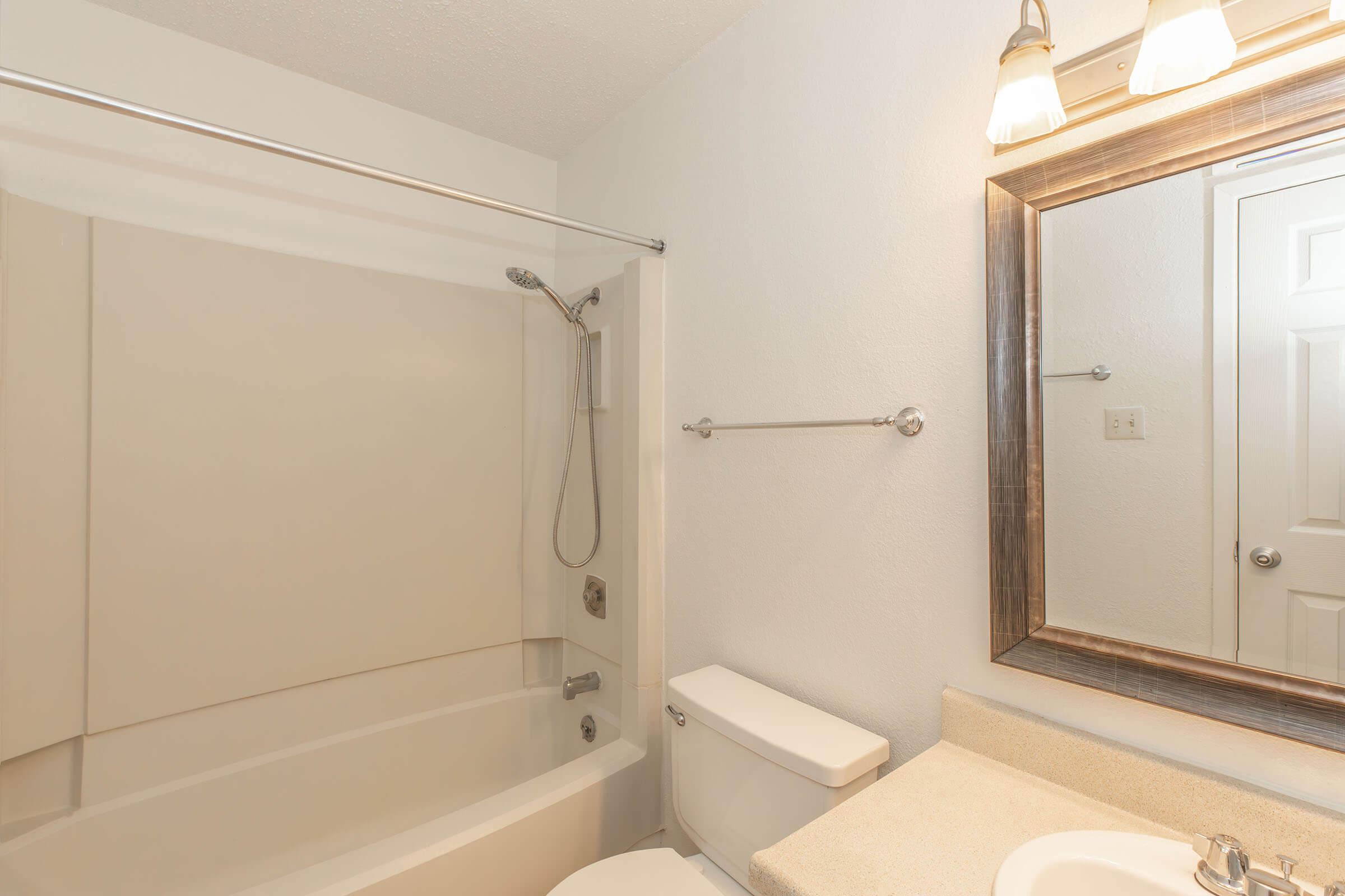 a shower that has a sink and a mirror