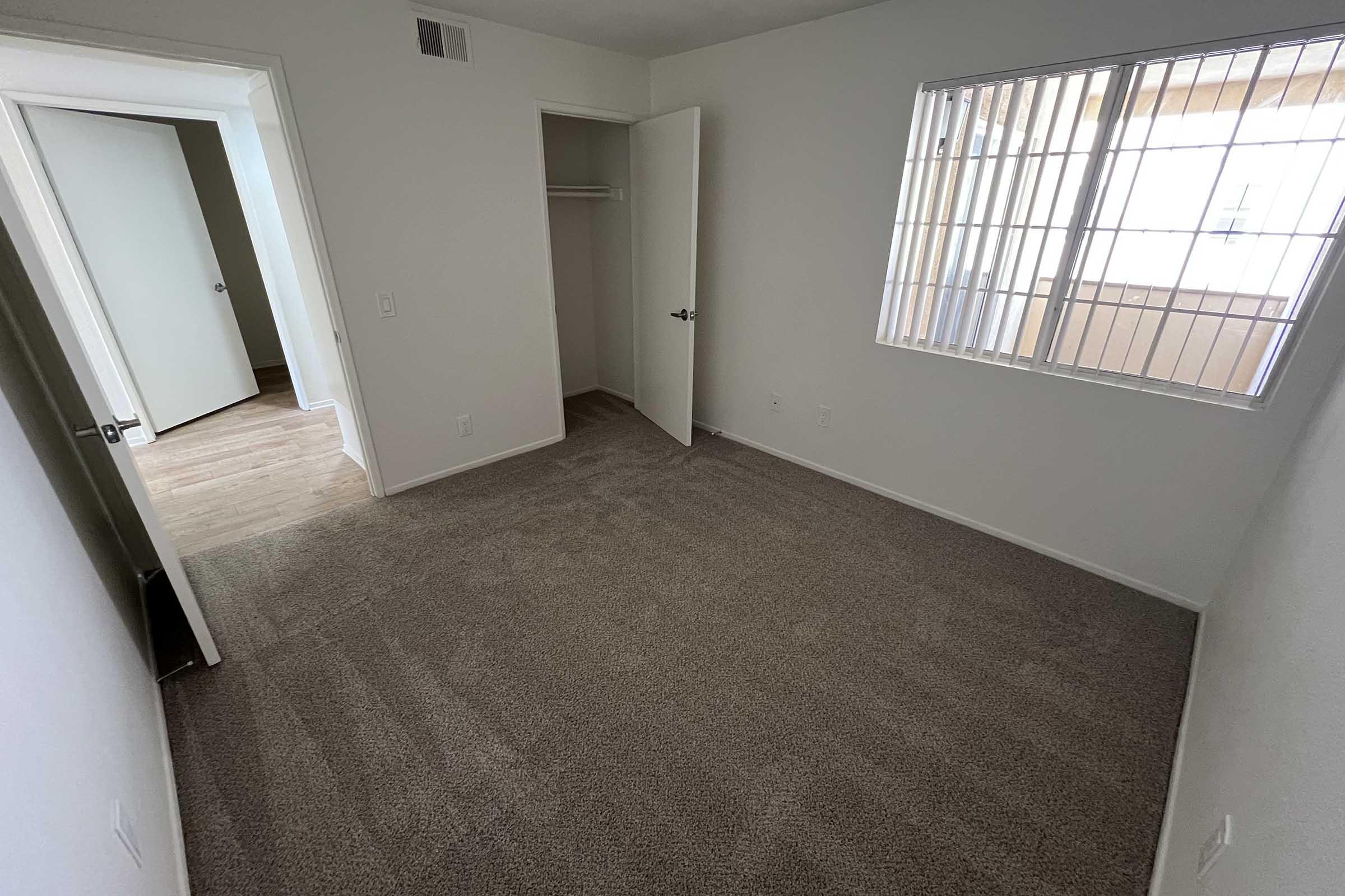 A vacant room with beige carpet, featuring a window with blinds and a closet with an open door. Another door leads to an adjoining room. The walls are painted white, and the space is well-lit from natural light.