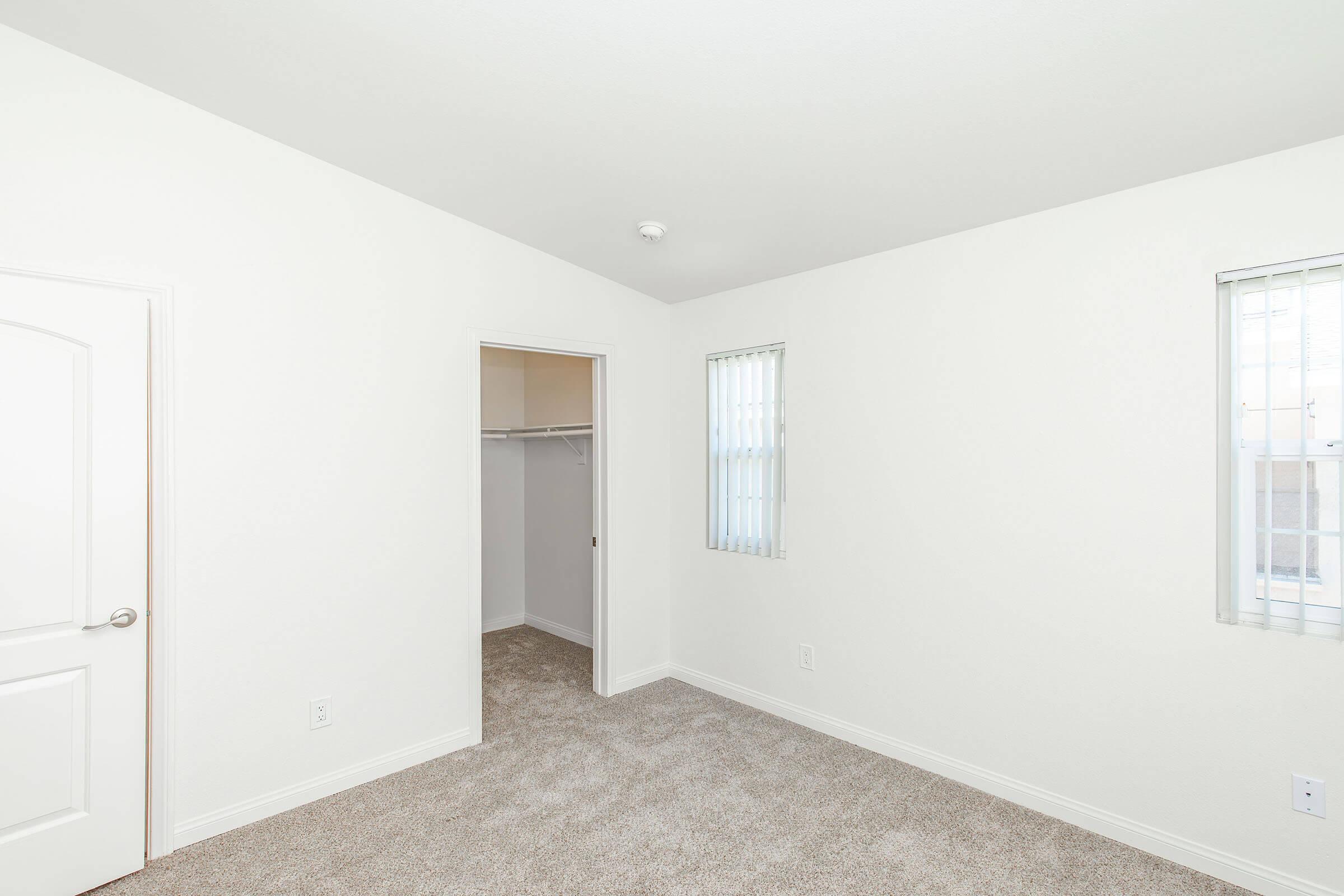 A vacant room with light-colored walls and carpet flooring. There are two small windows with blinds allowing natural light, and a door leading to a closet on the left. The overall space is uncluttered and bright, perfect for design or decoration.