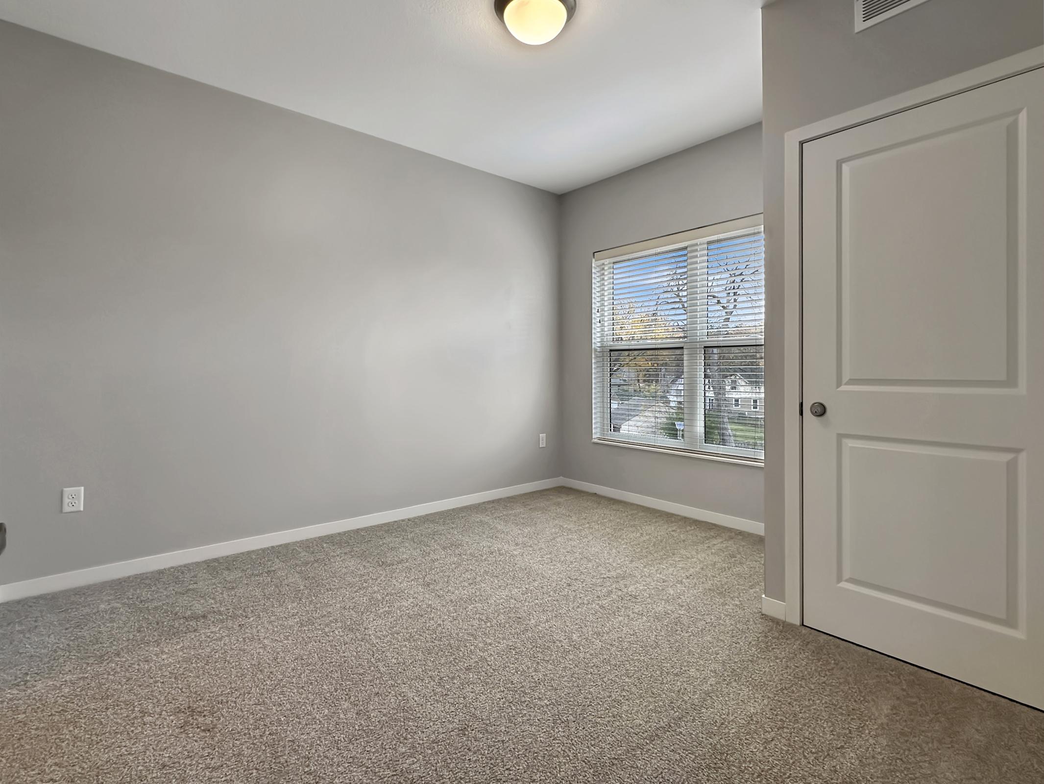 A spacious, empty room with light gray walls and carpeted flooring. A large window lets in natural light, with a view of the outdoors. There's a closed white door on the right, and the ceiling features a simple light fixture. The room appears clean and freshly painted, ready for furnishings.