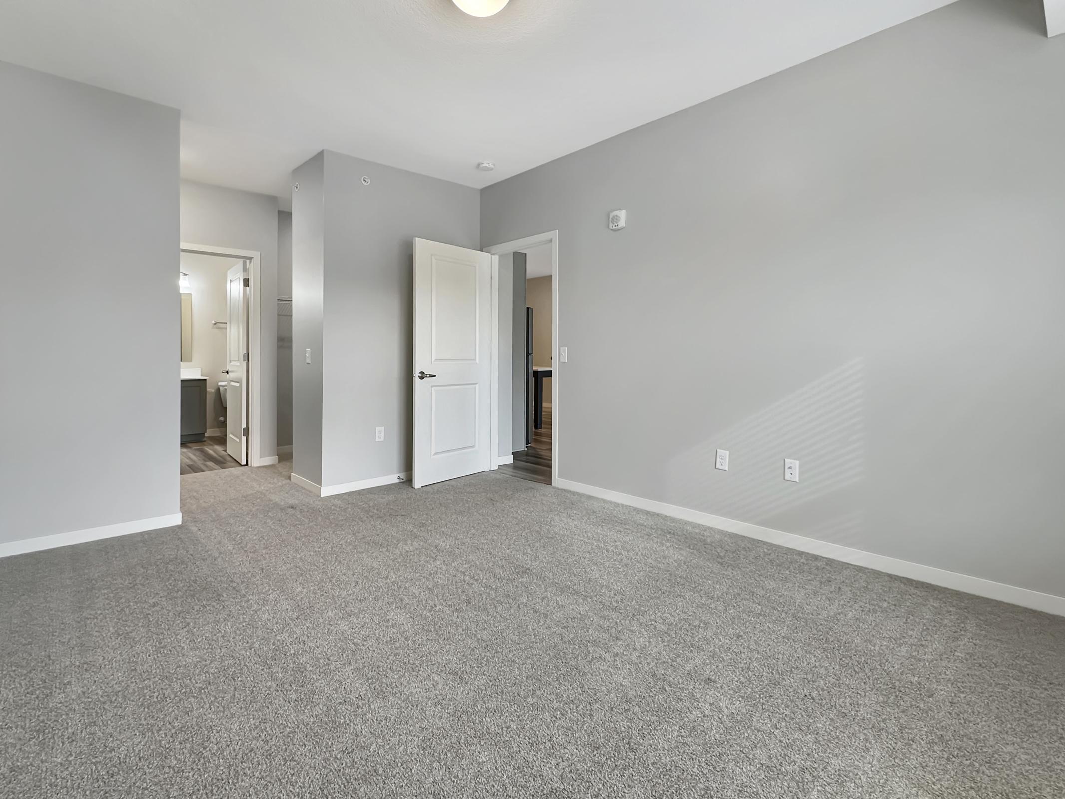A spacious, empty room with light gray walls and carpet flooring. A closed white door is visible on one side, leading to a bathroom area. Natural light filters in through a window, casting soft shadows. The room is free from furniture, creating a clean and open atmosphere.