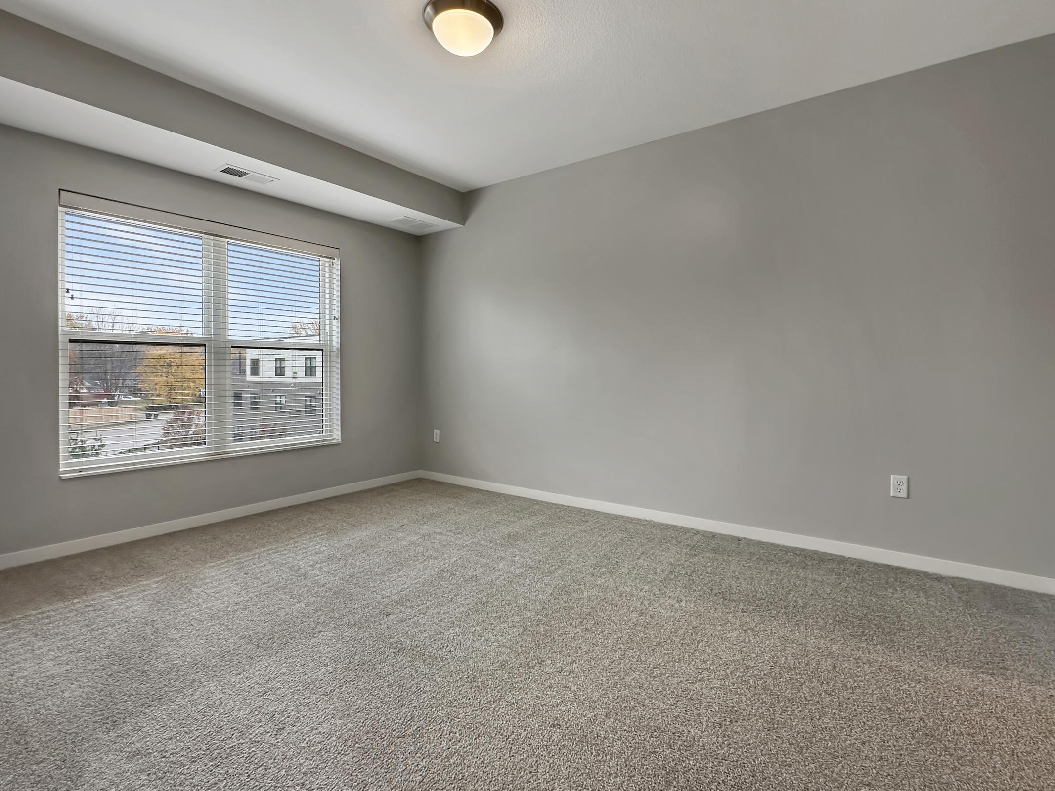 A spacious, empty room with light gray walls and beige carpeting. There is a large window with white blinds allowing natural light to fill the space, and a ceiling light fixture is visible. The room appears modern and well-lit, suitable for various uses such as a living area or office.