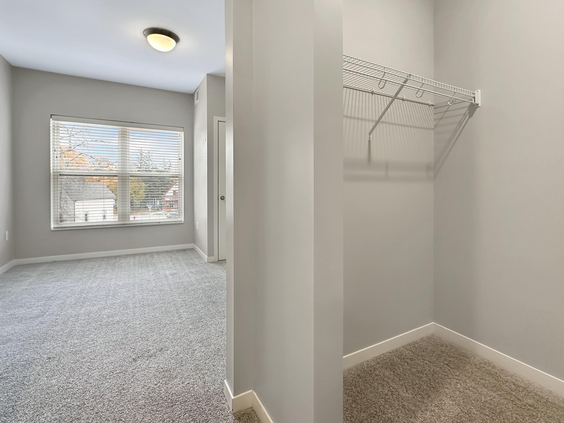 Empty room with light gray walls and plush carpet. A large window with blinds lets in natural light, illuminating the space. On one side, there is a closet with a wire shelf, and the room has a ceiling light fixture. The overall atmosphere is bright and airy, suggesting a fresh, modern design.
