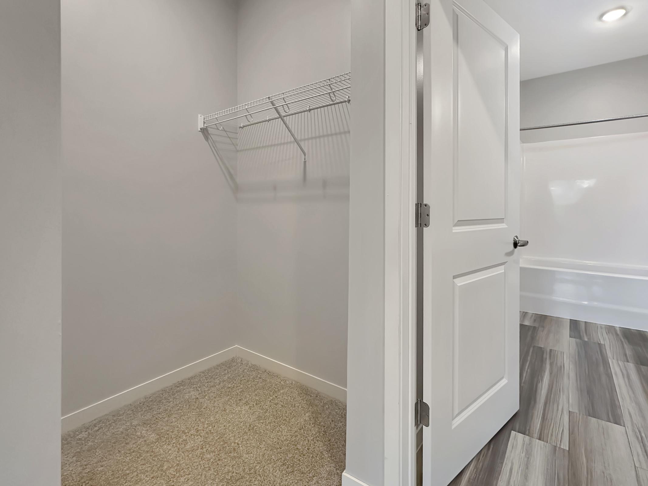 A spacious closet featuring a wire shelf, painted gray walls, and a carpeted floor. The closet is adjacent to a bathroom with a white tub visible in the background. A white door is partially open, leading into the closet area, which is well-lit with natural light.