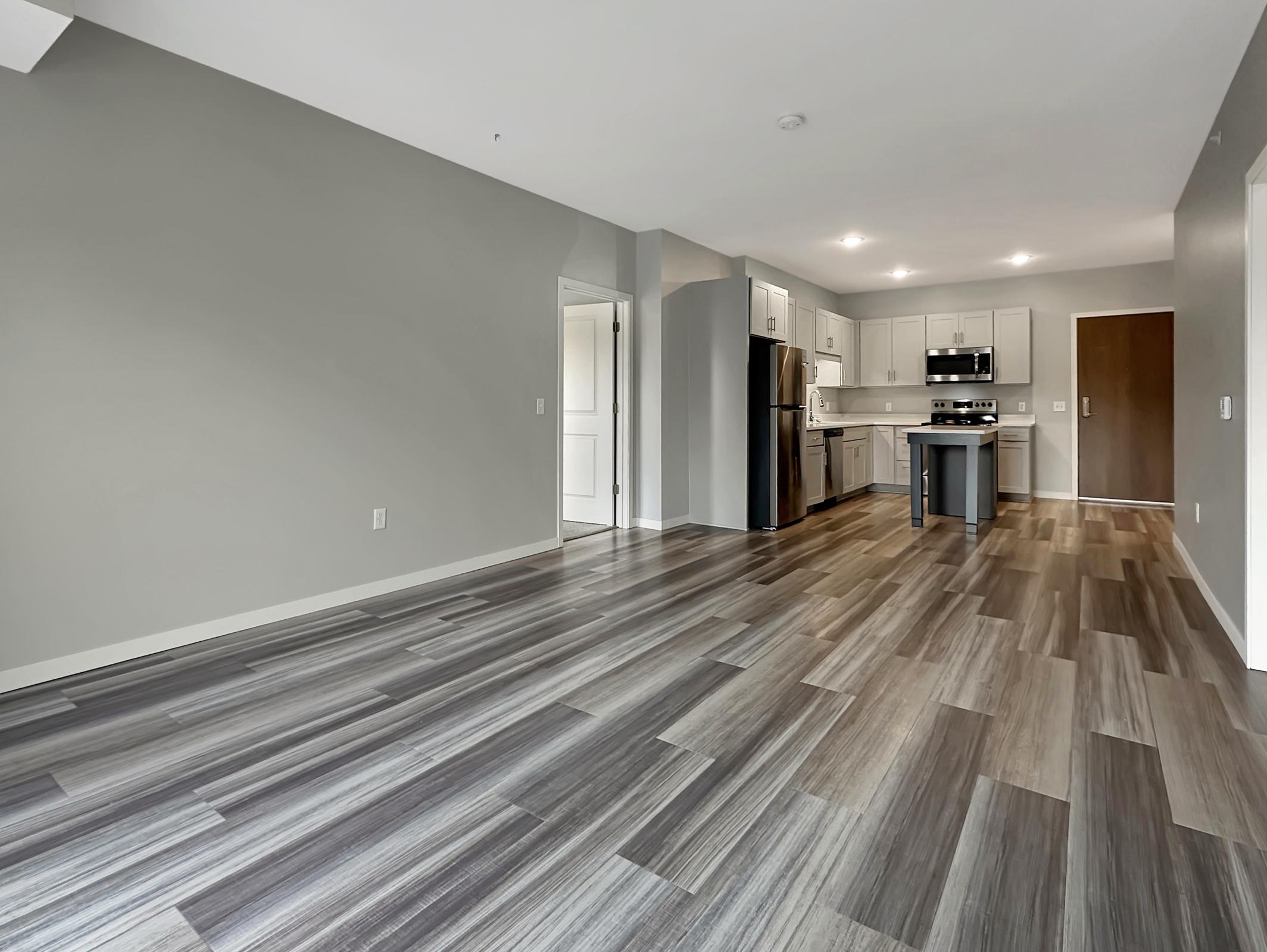 A spacious, modern kitchen and living area featuring gray walls, sleek wood-like flooring, and stainless steel appliances. The open layout includes a doorway leading to another room, providing a bright and airy atmosphere.