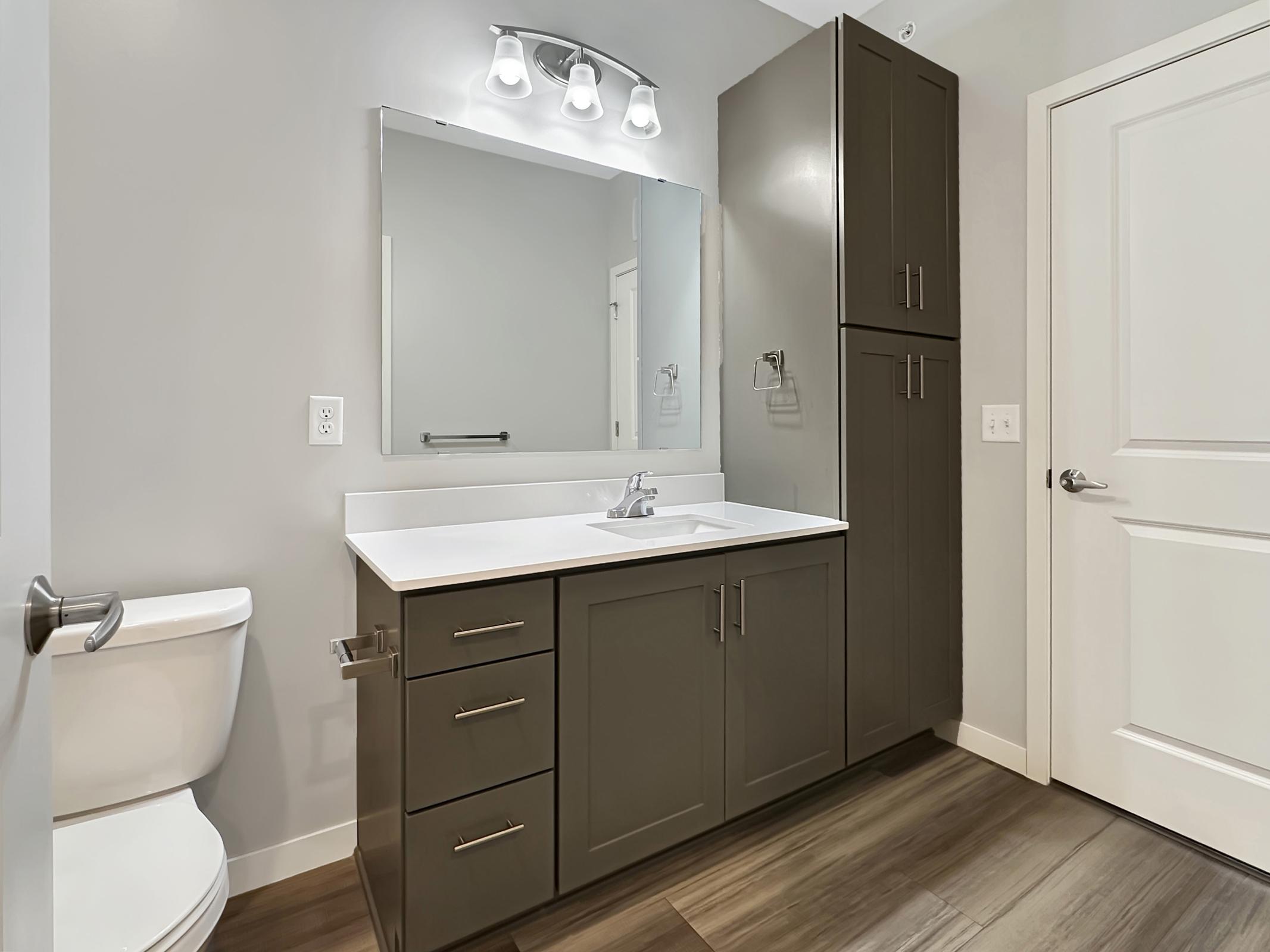 Modern bathroom featuring a sleek vanity with a white countertop and sink, a large mirror above, and a stylish light fixture. A toilet is visible on the left, and a tall cabinet stands beside the vanity. The walls are painted in a light gray tone, complemented by wooden flooring, creating a clean and contemporary look.