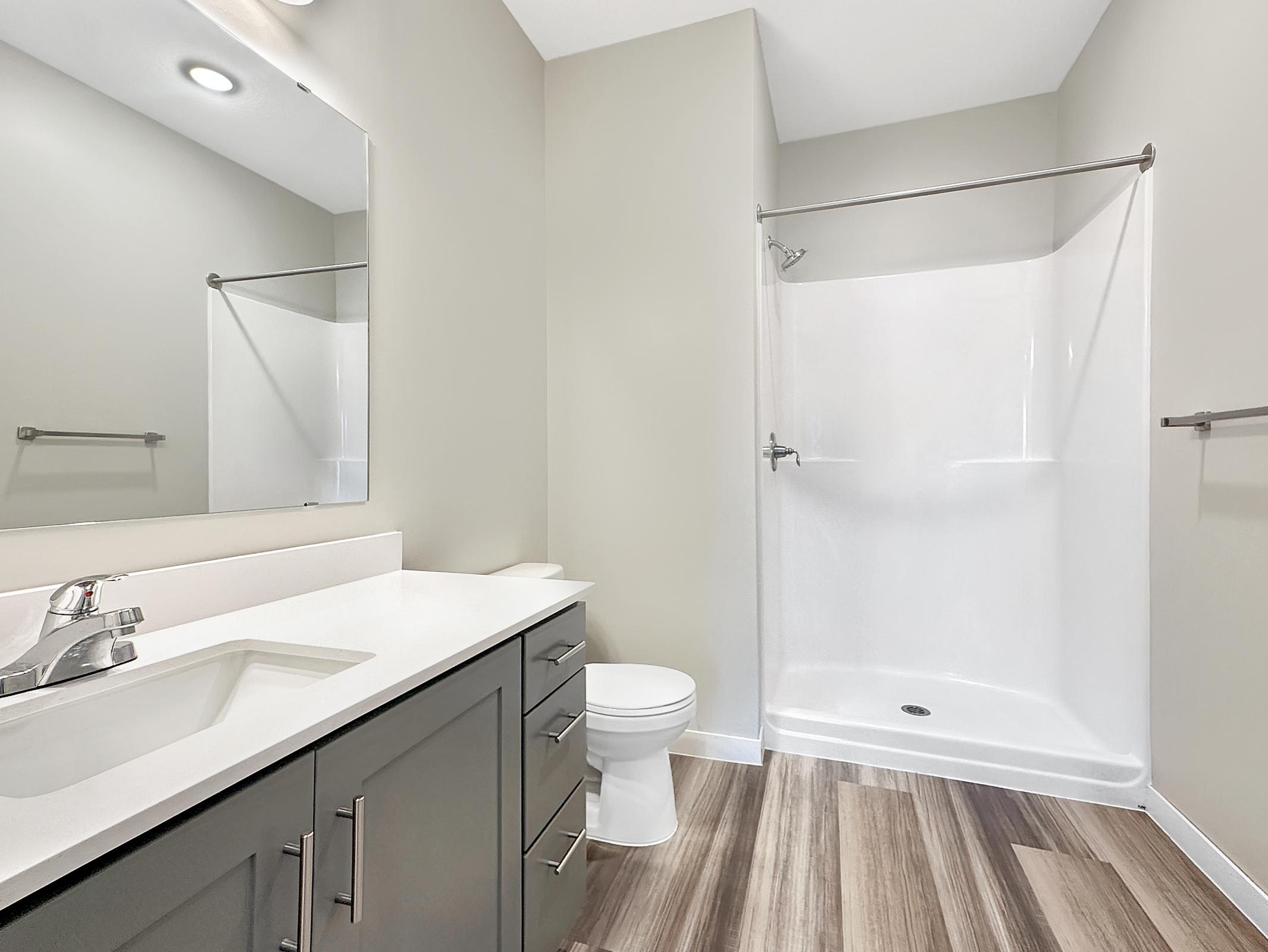 A modern bathroom featuring a white shower stall, a toilet, and a sleek vanity with a sink. The walls are painted in a light gray color, and the floor is covered in wood-look laminate. A large mirror is mounted above the vanity, enhancing the bright and clean appearance of the space.