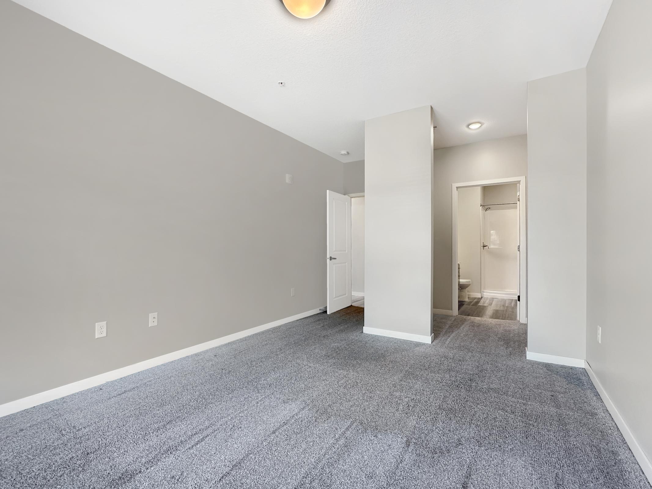 Empty room with light gray walls and plush gray carpeting. A doorway on the left leads to a bathroom, while another door is visible in the background. The space is bright and has a ceiling light fixture, creating a clean and modern atmosphere.