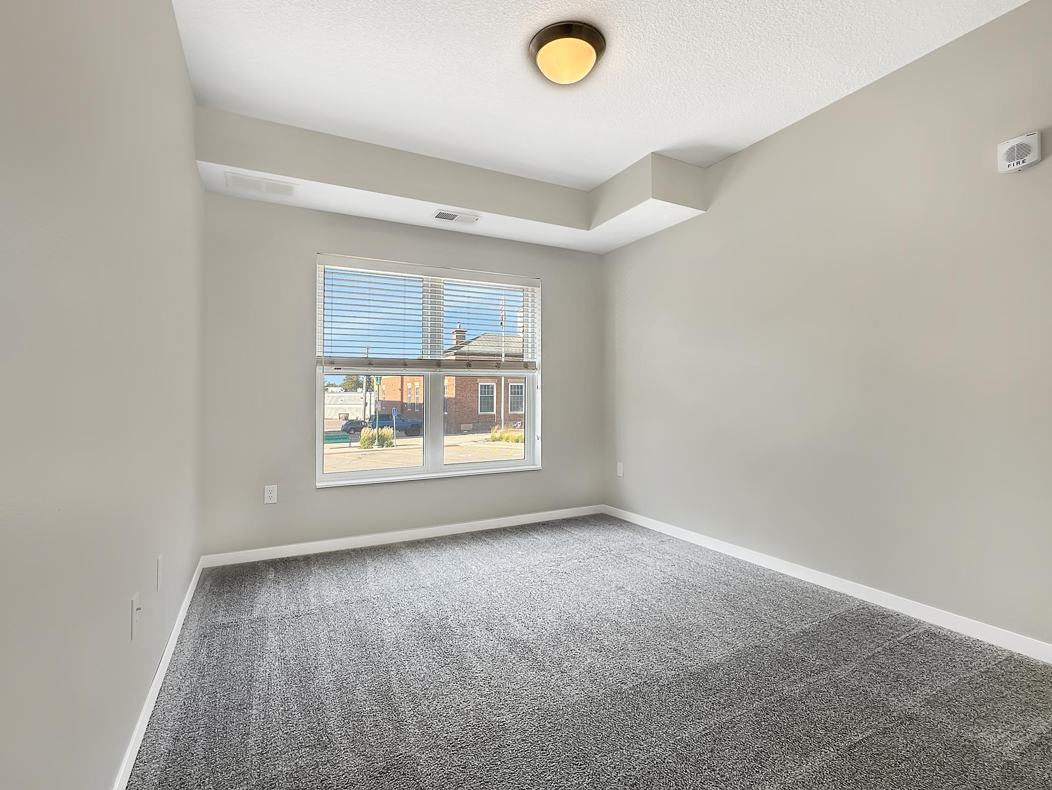 A spacious, vacant room with light gray carpet and neutral-colored walls. The room features a single window with blinds, allowing natural light to enter. A ceiling light fixture is present, and there are empty corners, creating an open and inviting atmosphere.
