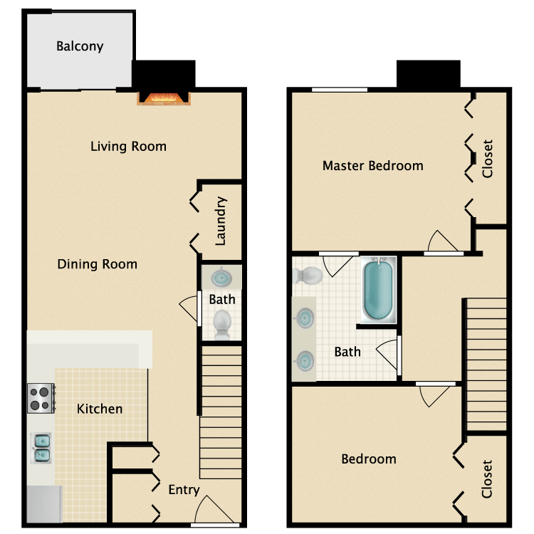 Floor plan image of 2 Bed 1.5 Bath Townhome