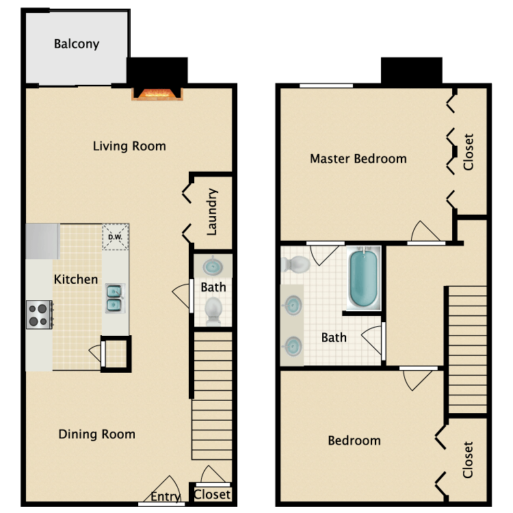 Floor plan image of 2 Bed 1.5 Bath Townhome Split