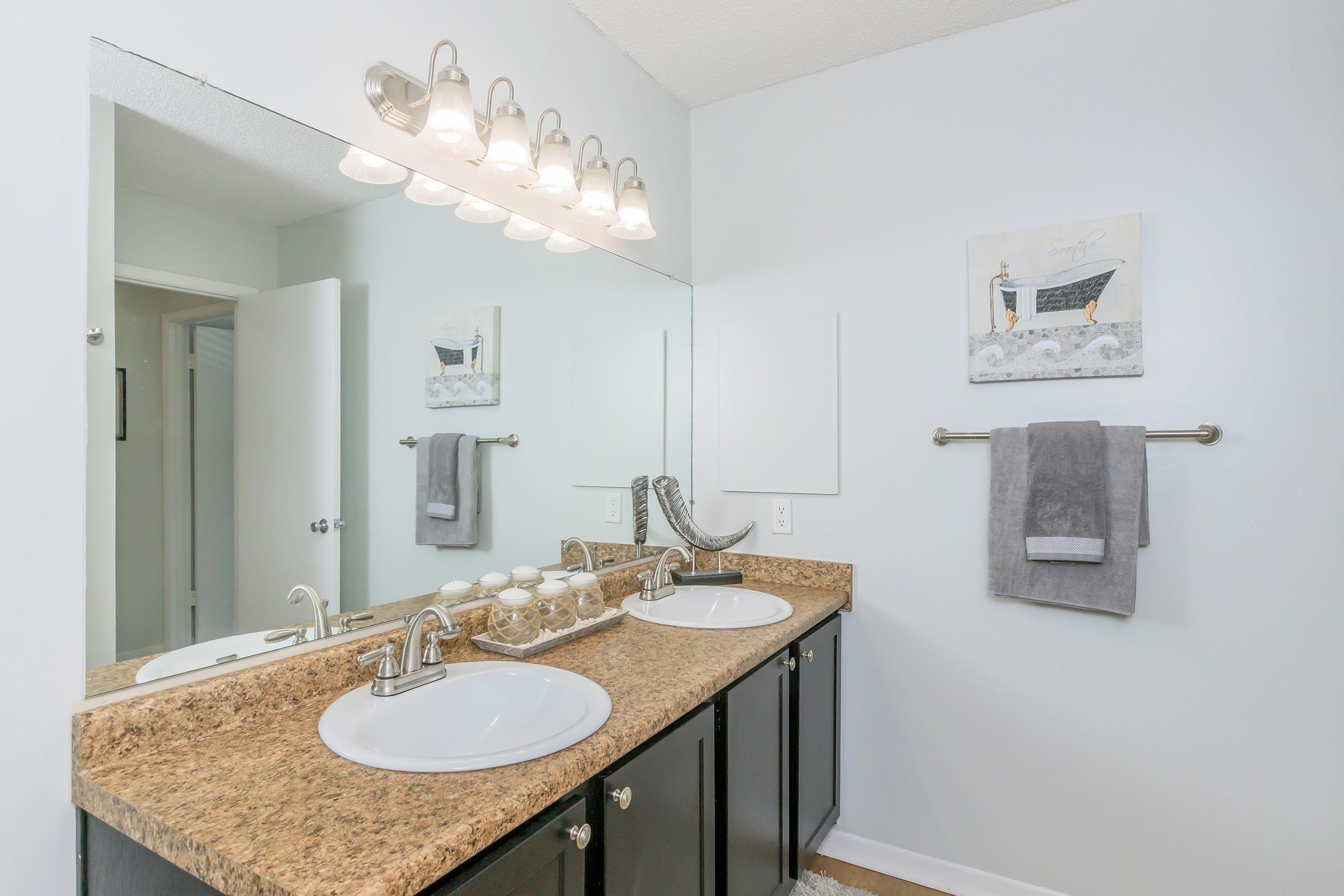 A well-lit modern bathroom featuring a dual sink vanity with a granite countertop, a large mirror above, and stylish fixtures. The walls are painted light gray, and there is a decorative wall art piece and a towel rack with gray towels. The door is partially open, revealing a hint of another room.
