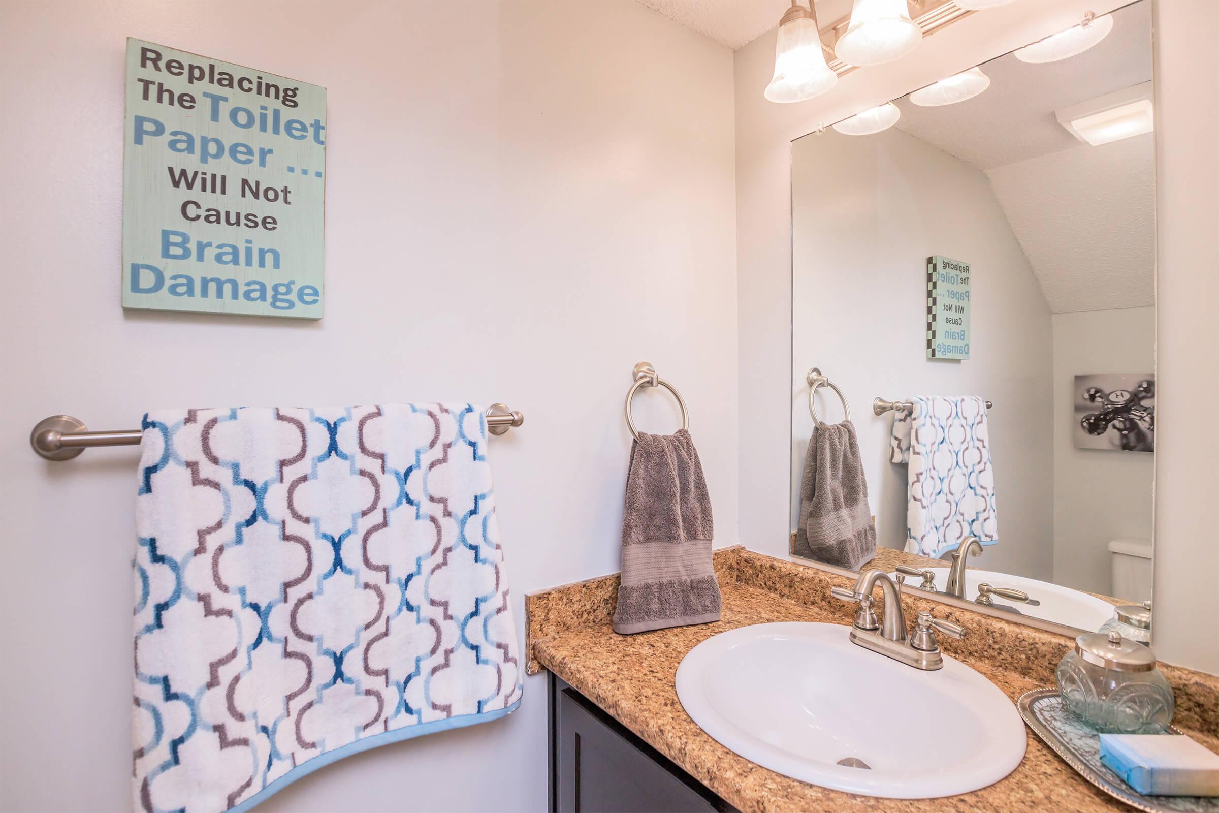 A bathroom featuring a granite countertop with a sink, a mirror above it, and three light fixtures. A decorative sign on the wall reads, "Replacing The Toilet Paper ... Will Not Cause Brain Damage." Two decorative towels hang from a towel rack, adding a stylish touch to the space.