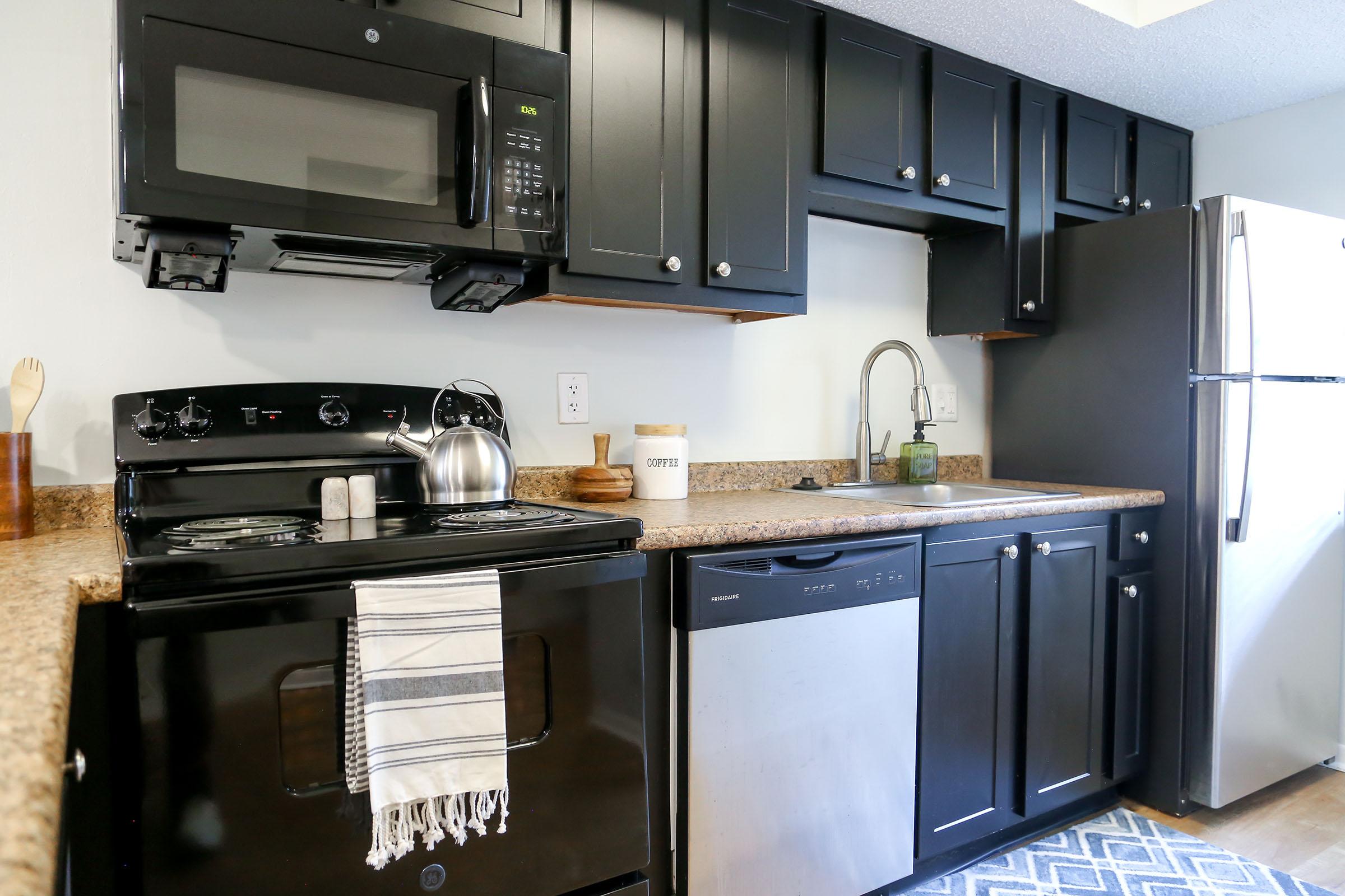 Modern kitchen featuring black cabinets, stainless steel appliances including a microwave, stove, and refrigerator. A granite countertop with a sink is visible, along with a kettle and a wooden container labeled "coffee." A patterned rug is placed on the floor.
