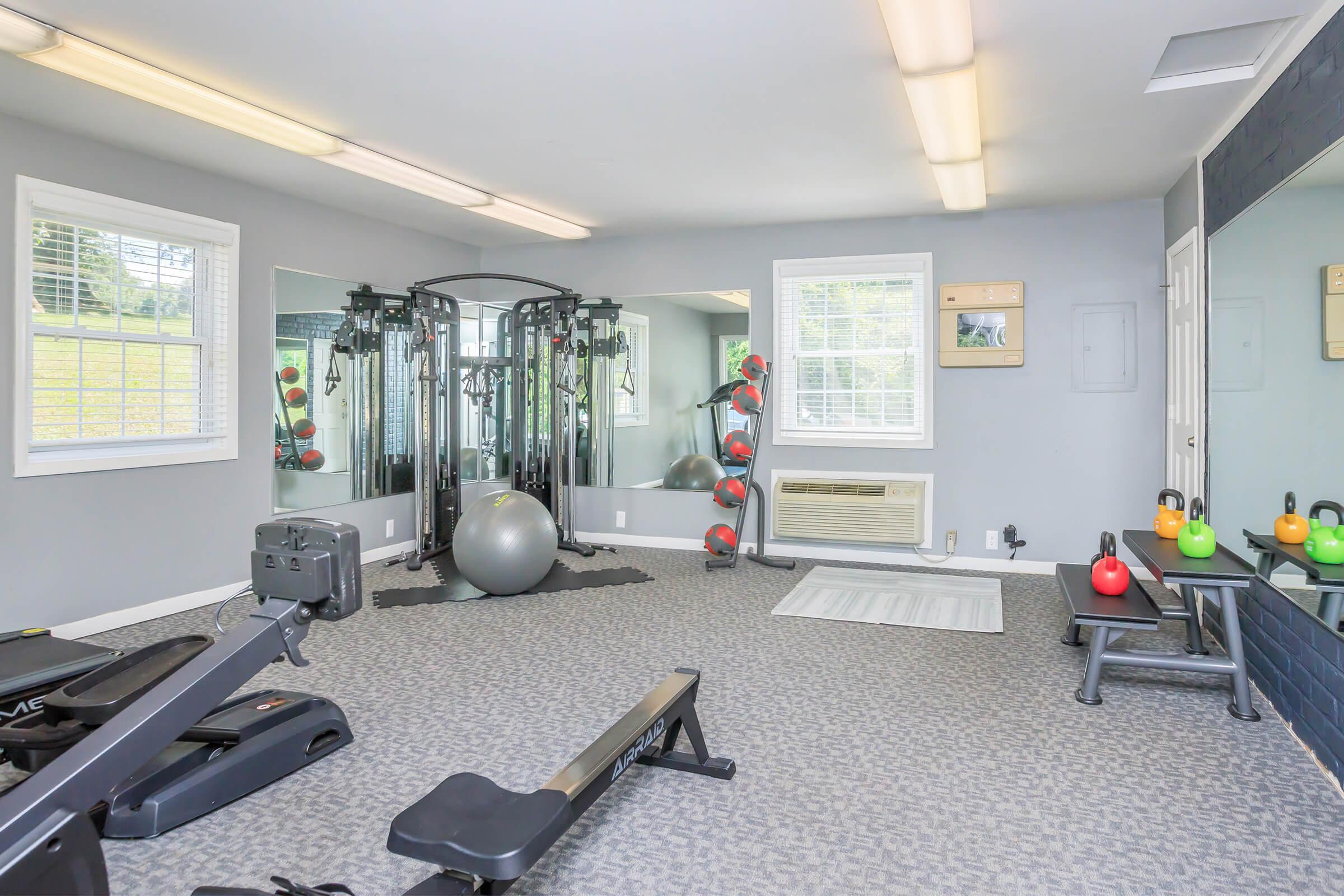 A well-lit home gym featuring various exercise equipment, including a weight machine, rowing machine, exercise ball, and kettlebells in different colors. The walls are painted light gray, with large windows allowing natural light, and a mirrored wall enhances the space's openness.
