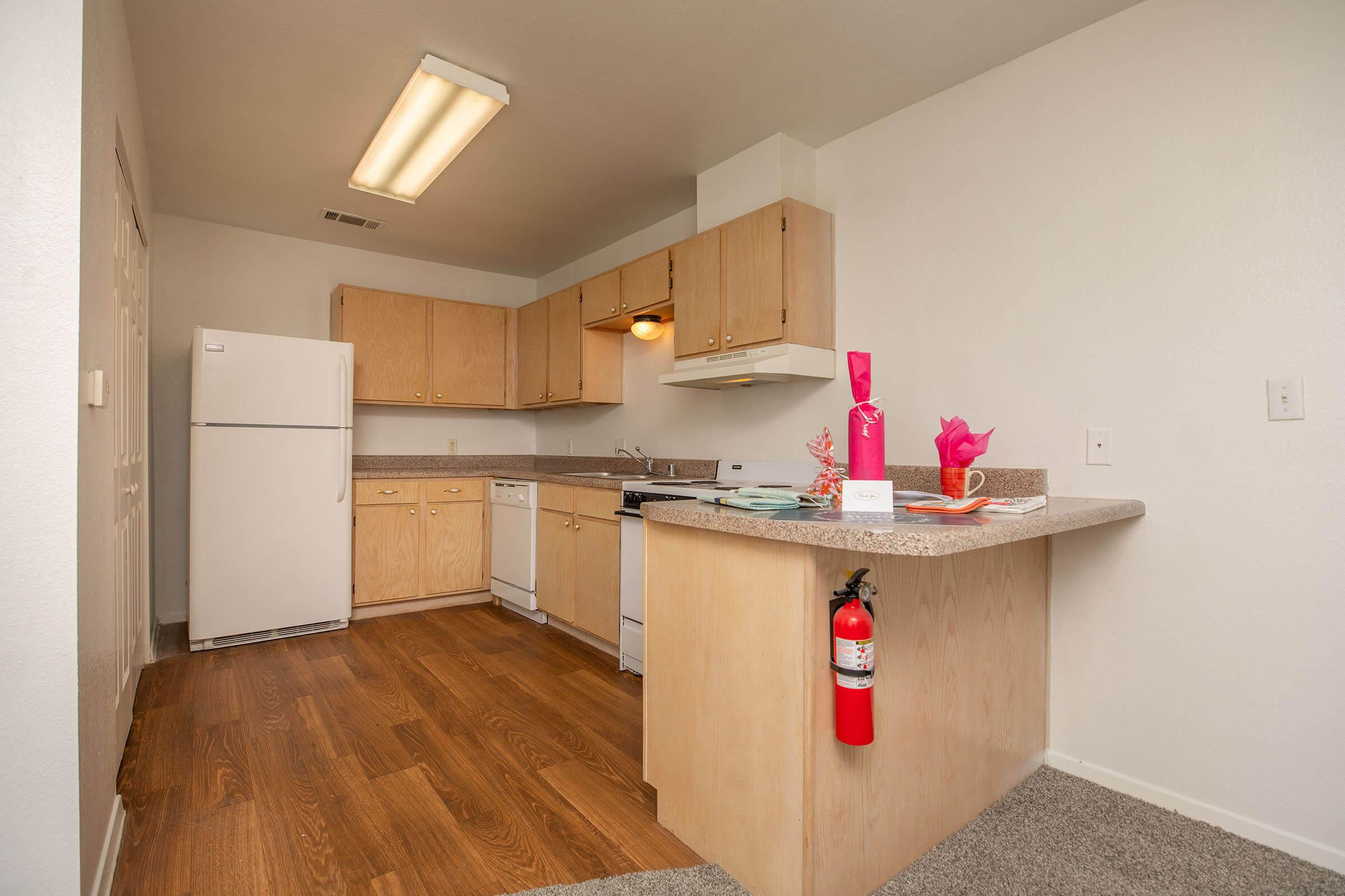 a kitchen with a sink and a refrigerator