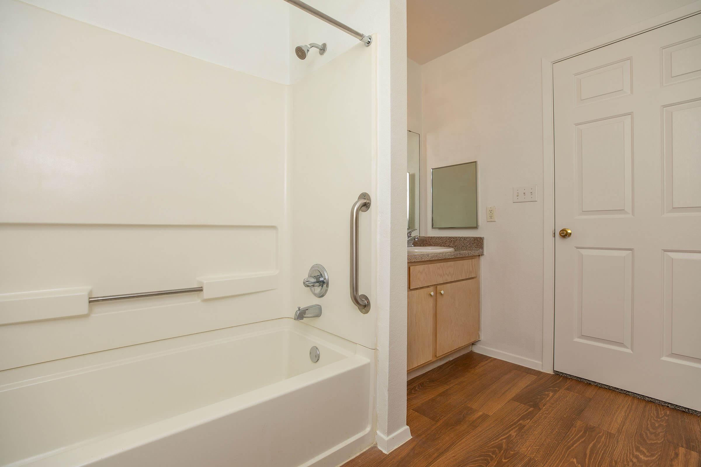 a room with a sink and a shower