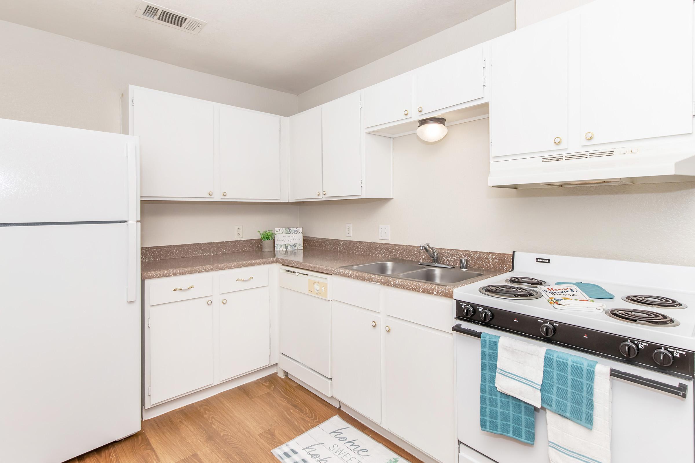 A clean, modern kitchen featuring white cabinets, a stainless steel sink, and a black stove with four burners. A white refrigerator is on the left, and the countertop is made of dark granit. A light wood floor adds warmth to the space, and a decorative kitchen rug is on the floor near the sink.