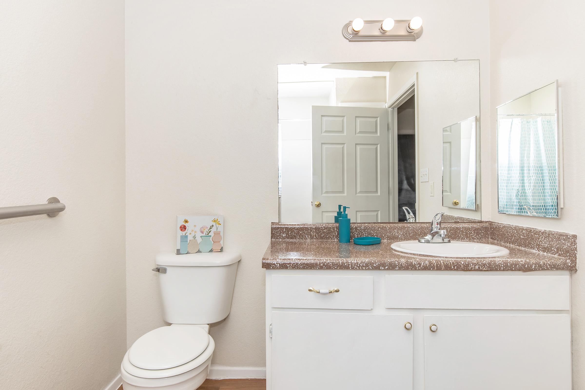 A clean and simple bathroom featuring a white toilet, a brown-speckled countertop with a sink, a mirror above the sink, and a decorative item on the counter. The walls are painted light, and there is a door leading to another room, along with a towel rack. Natural light is visible through a nearby window.