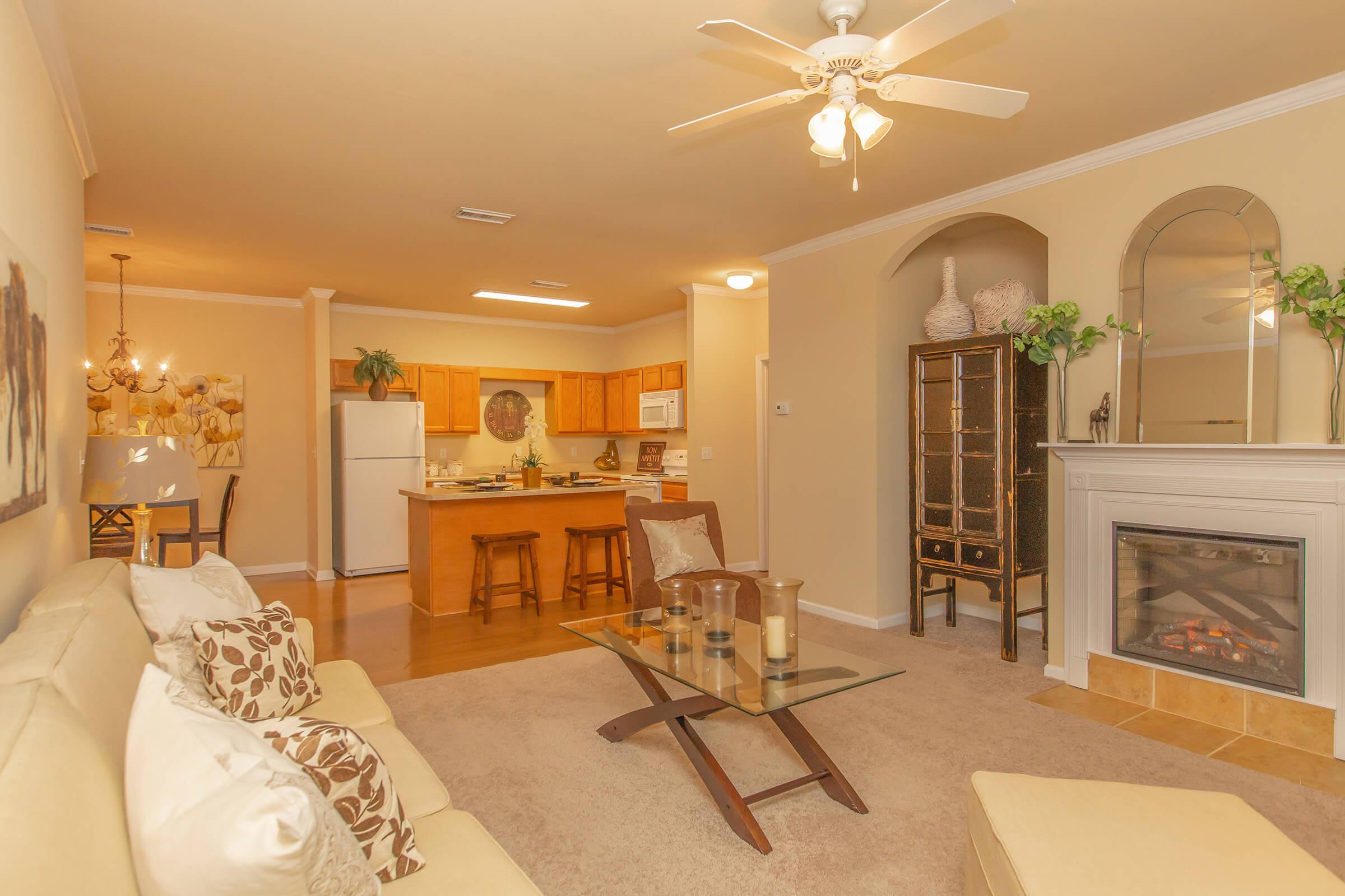 a living room filled with furniture and a fire place