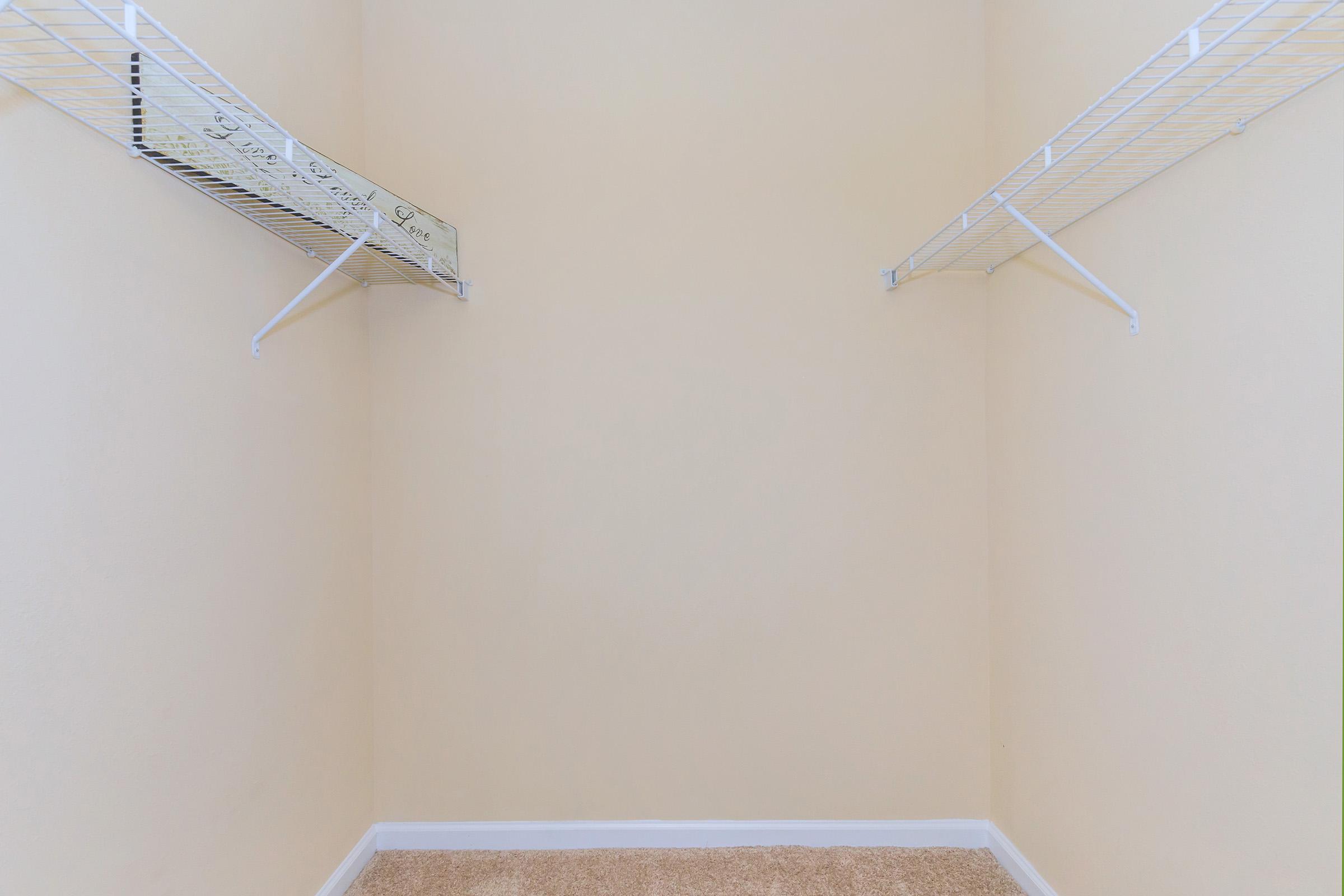 Empty closet with two wire shelving units on either side, featuring a light beige wall and carpeted floor. The space is well-lit and organized, suitable for storing clothes and accessories.