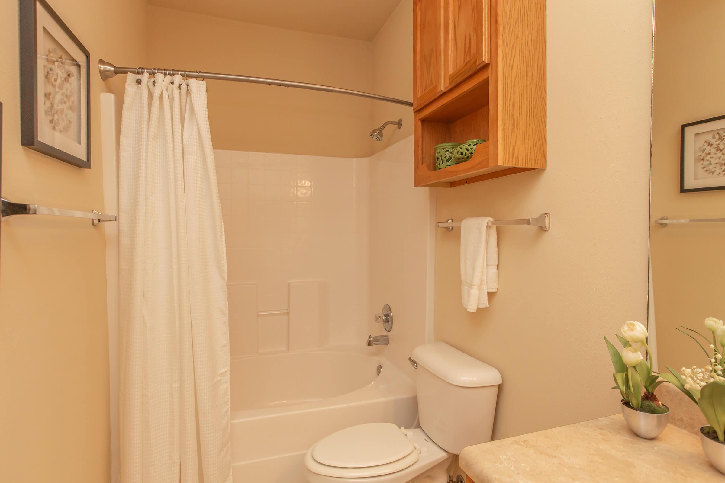 a room with a sink and a shower curtain