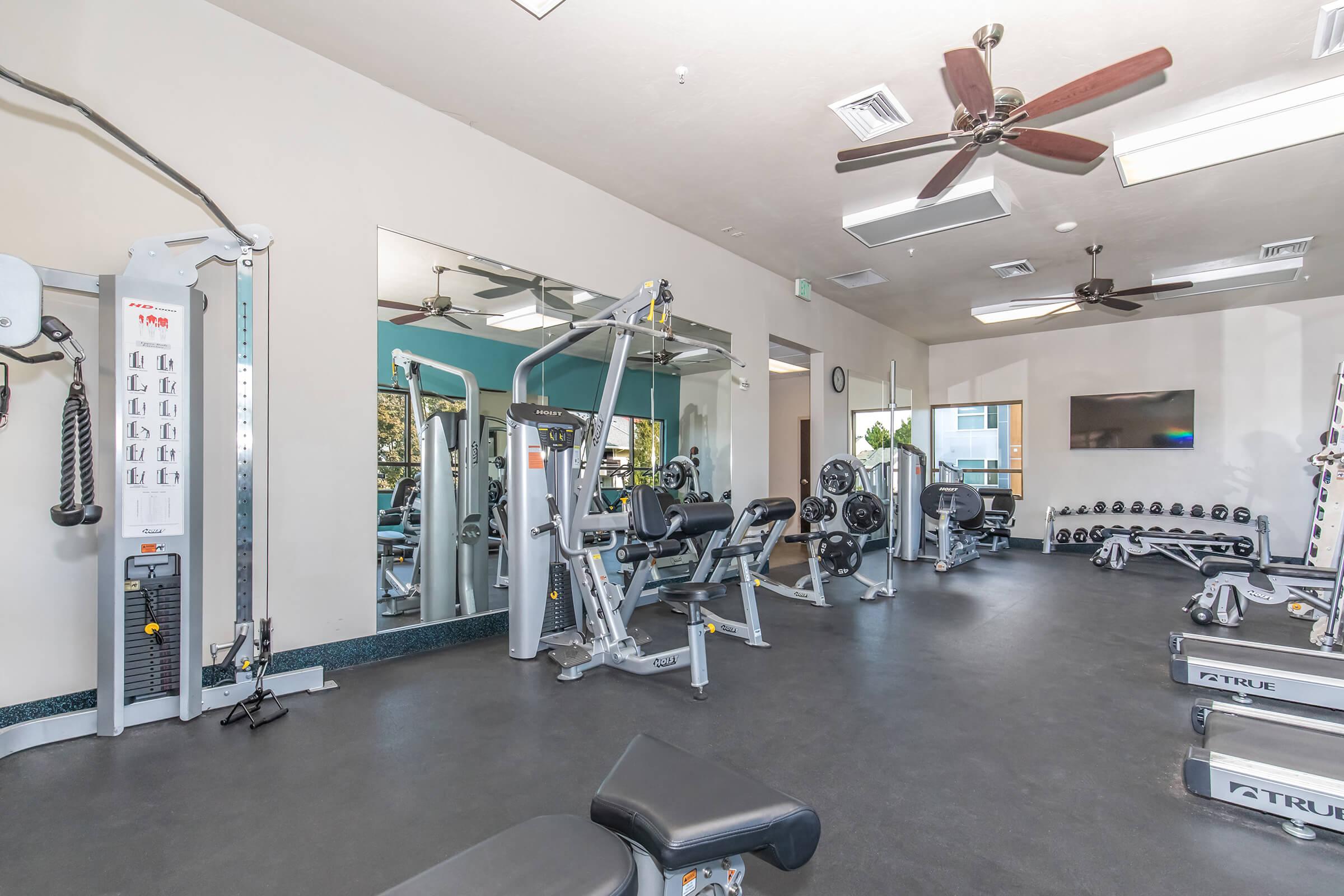 A well-equipped gym featuring various exercise machines, weights, and mirrors. The space is brightly lit with ceiling fans and has a television mounted on the wall. The flooring is dark, contrasting with the light-colored walls. Overall, it presents a clean and organized workout environment.
