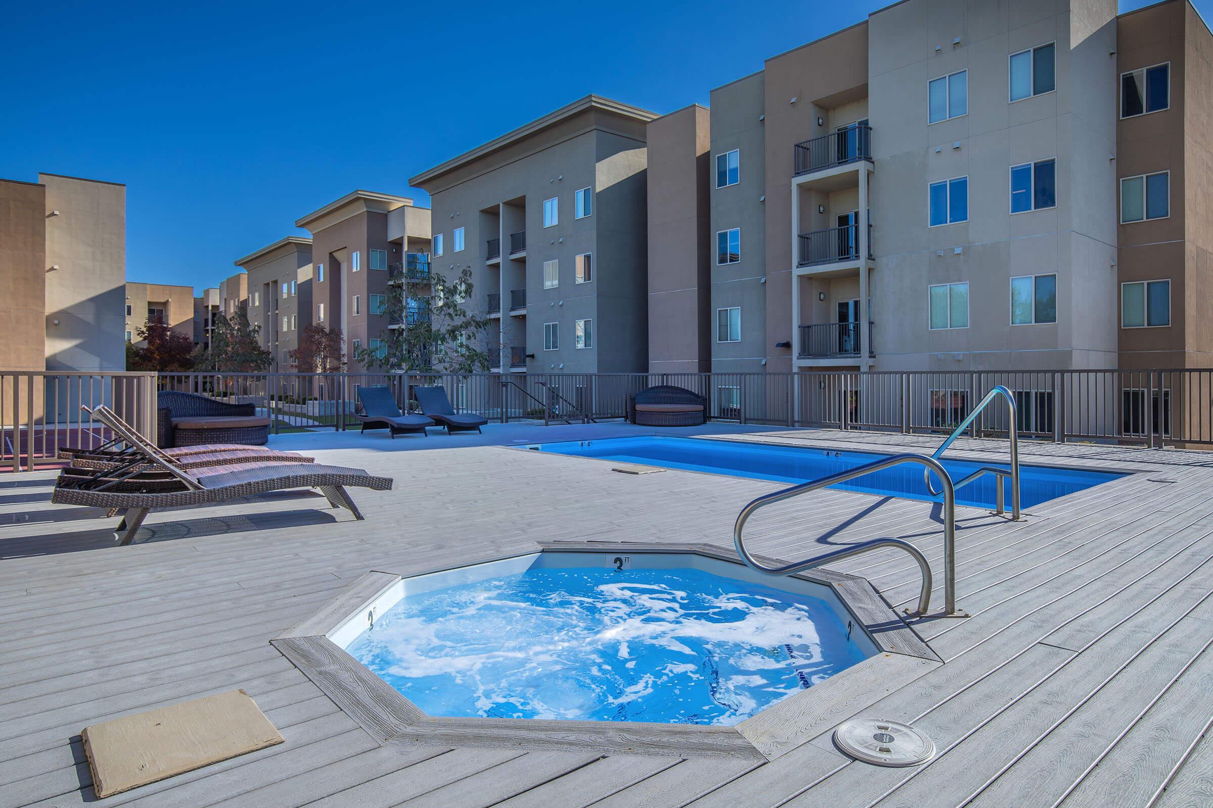 a pool next to a building