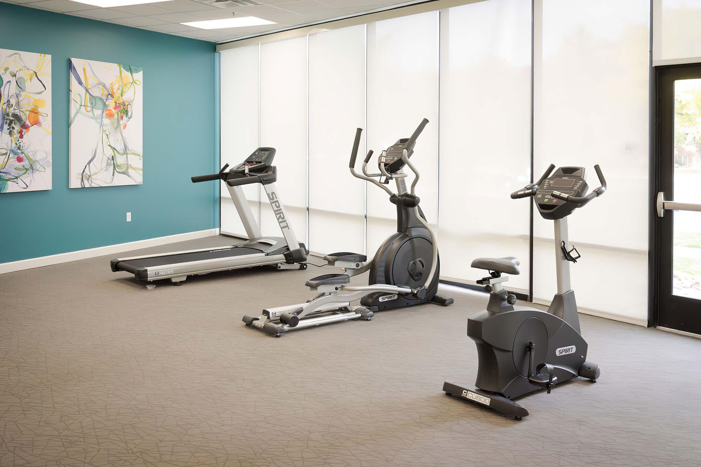 A bright fitness room featuring a treadmill, elliptical machine, and stationary bike. The walls are painted teal, and there are abstract paintings in vibrant colors. Large windows with sheer curtains allow natural light to fill the space. The floor has a textured pattern, creating a welcoming workout environment.