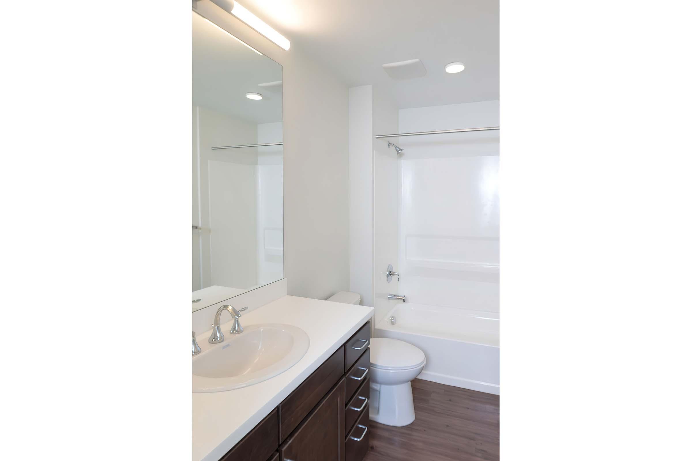 A modern bathroom featuring a white bathtub with a shower, a sleek mirror above a double sink, and dark wood cabinetry. The walls are light-colored, and the flooring resembles textured wood. Bright overhead lighting enhances the spacious feel of the room.