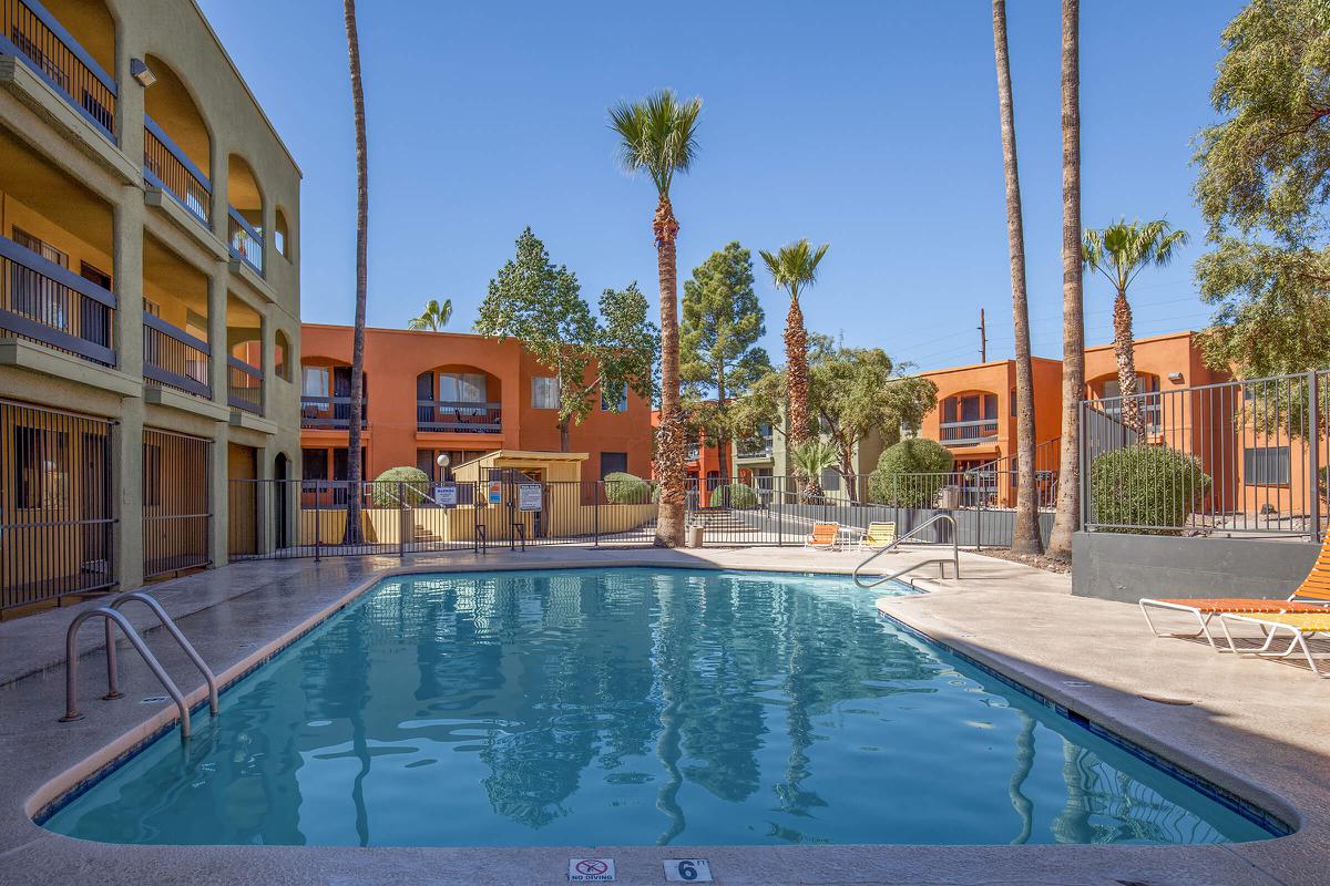 a pool next to a building