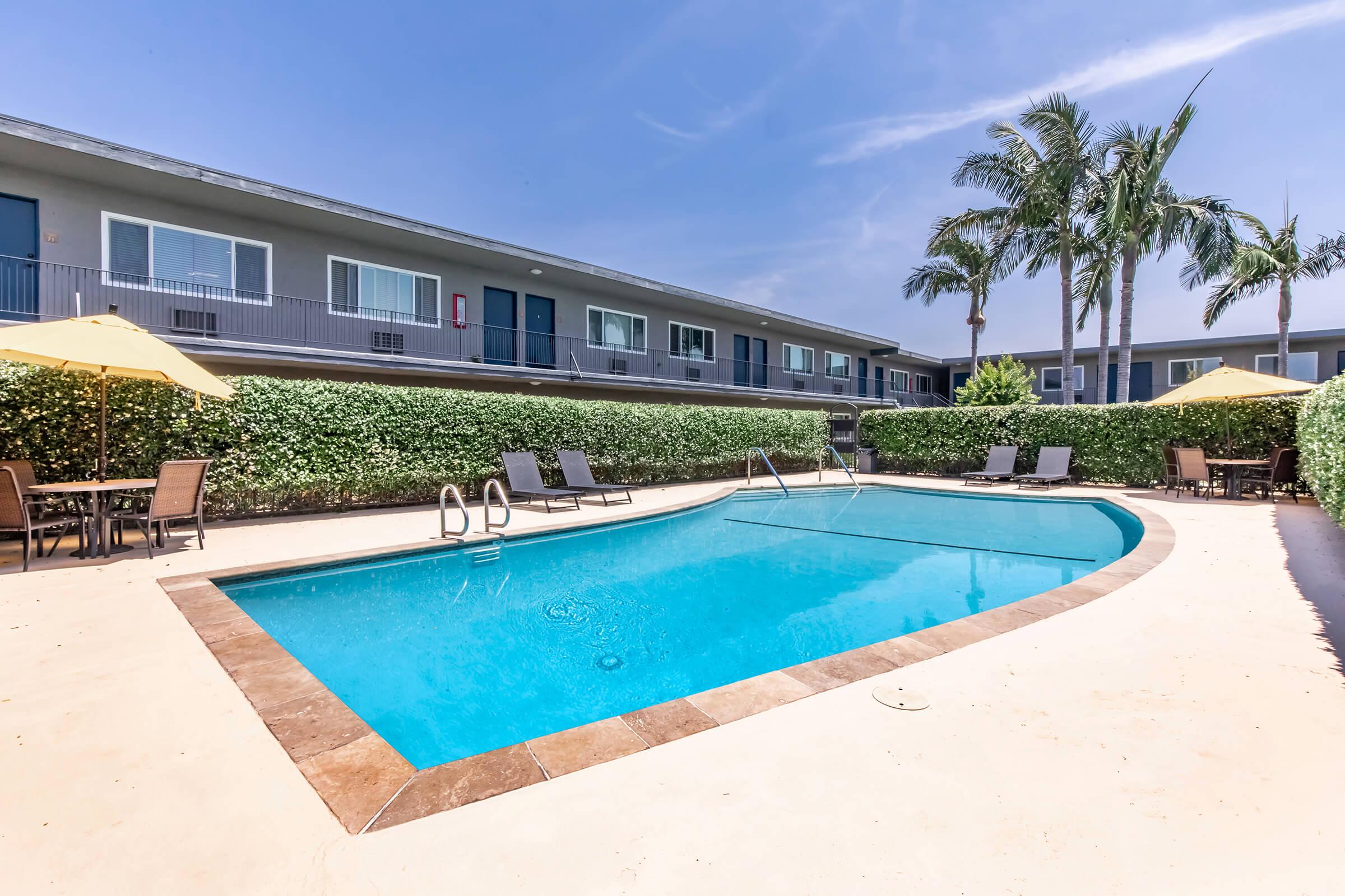 A clean outdoor swimming pool surrounded by a neatly manicured hedge. Lounge chairs are positioned nearby, and yellow umbrellas provide shade. In the background, a two-story building with blue doors and balconies can be seen under a clear blue sky. Palm trees add a tropical feel to the setting.