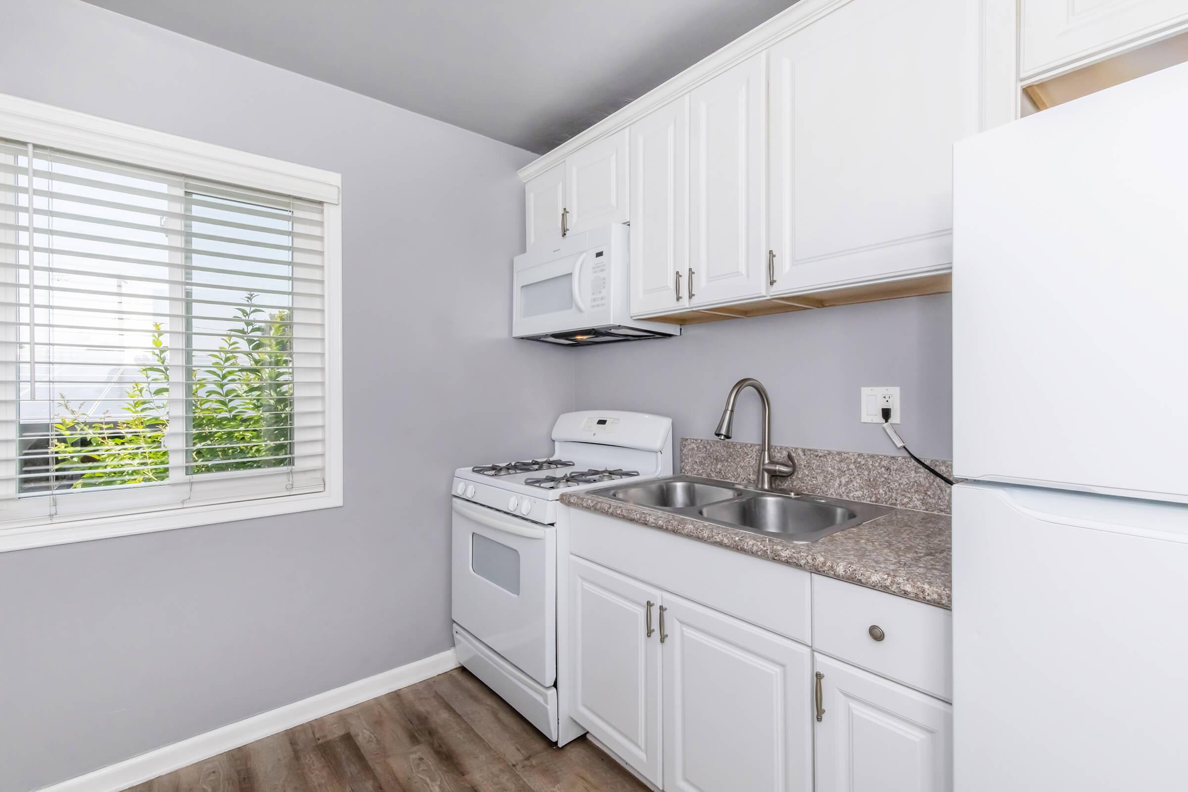 Modern kitchen featuring white cabinetry, a stove, and a double sink. The walls are painted in a light gray shade, and there is a window with blinds letting in natural light. The countertop is made of a speckled design, and a microwave is installed above the stove.