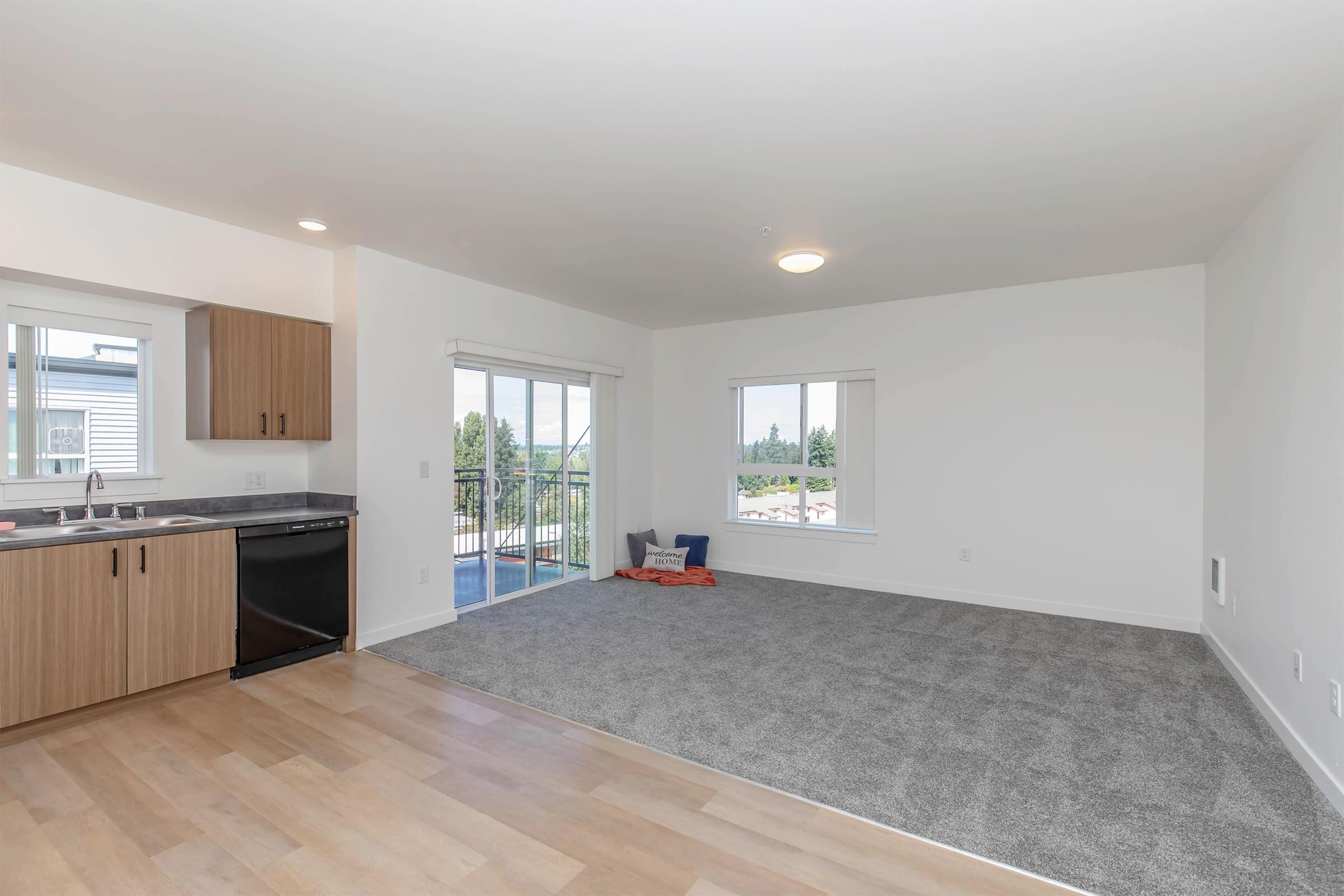 Spacious interior of a modern apartment featuring a kitchen with wooden cabinets and a black dishwasher. A cozy living area has light carpet, large windows with natural light, and a sliding door leading to a balcony. The walls are painted white, complementing the contemporary design.