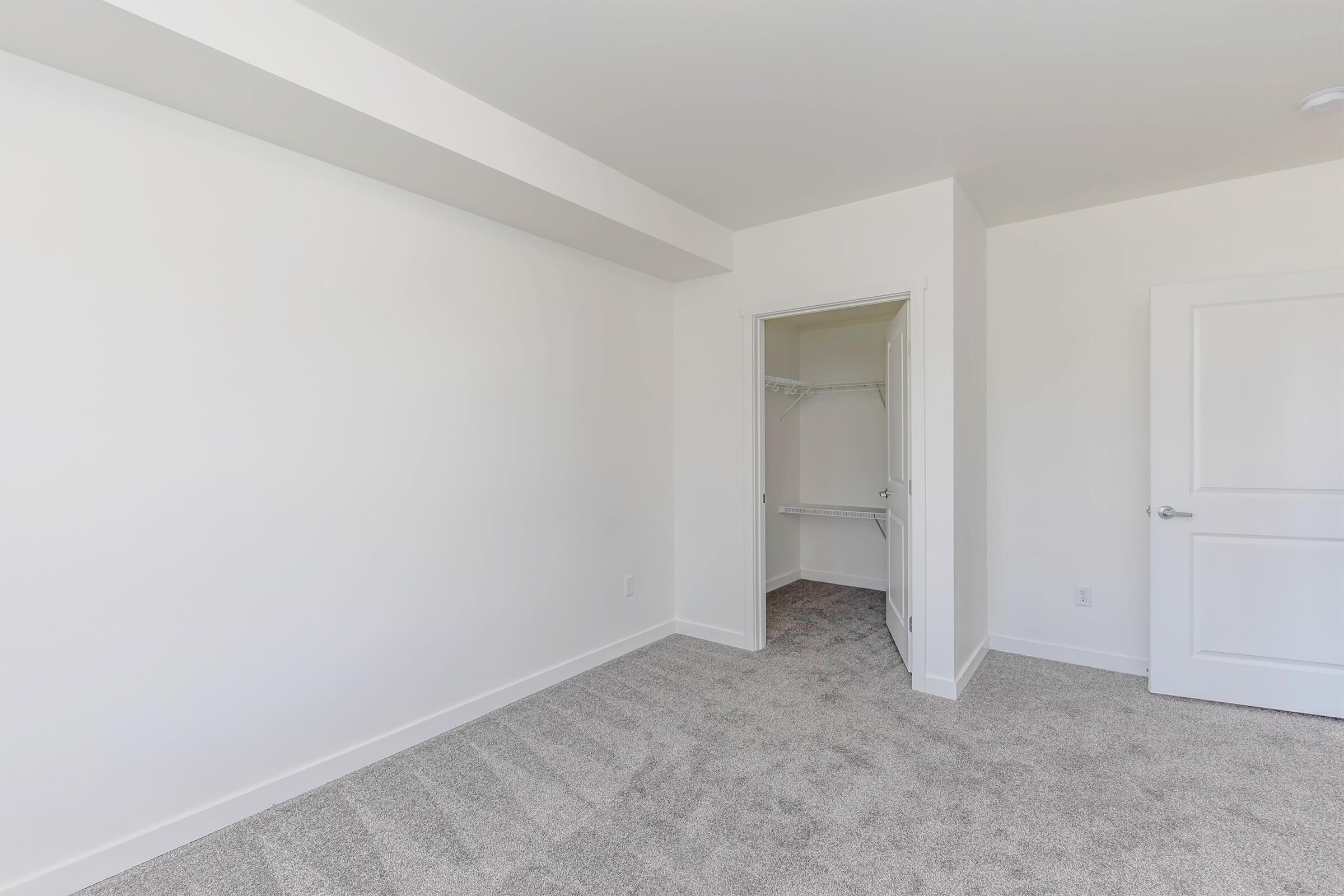 A spacious, unfurnished room featuring light-colored walls and a plush carpet. There is a closet with a sliding door on the left and a standard door to another area on the right. The room has plenty of natural light, contributing to its bright and airy atmosphere.