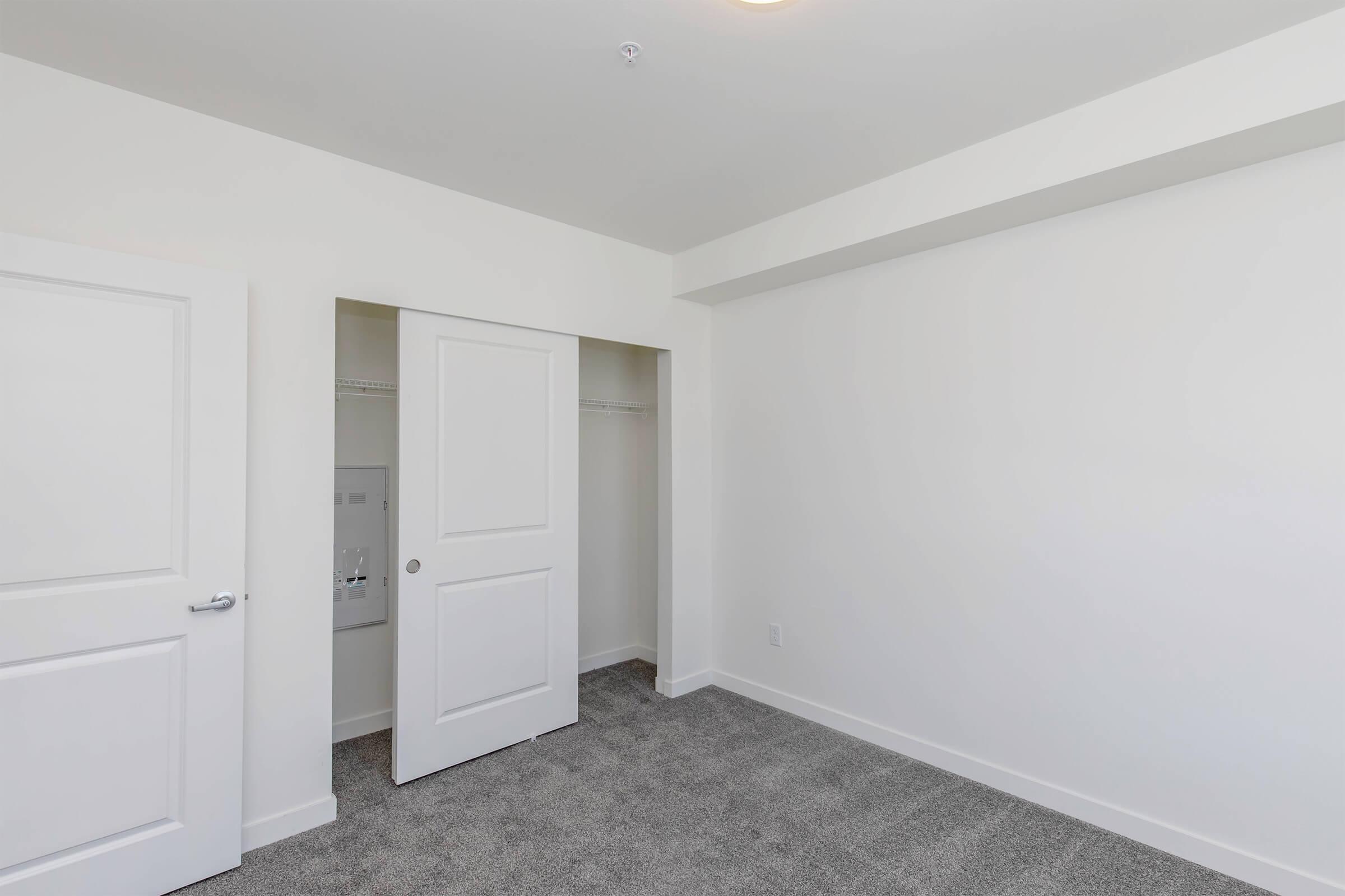 A spacious, empty room with light-colored walls and carpeted flooring. One door is slightly ajar, revealing a closet with a hanging rod. The overall design is simple and modern, featuring neutral tones and ample natural light.