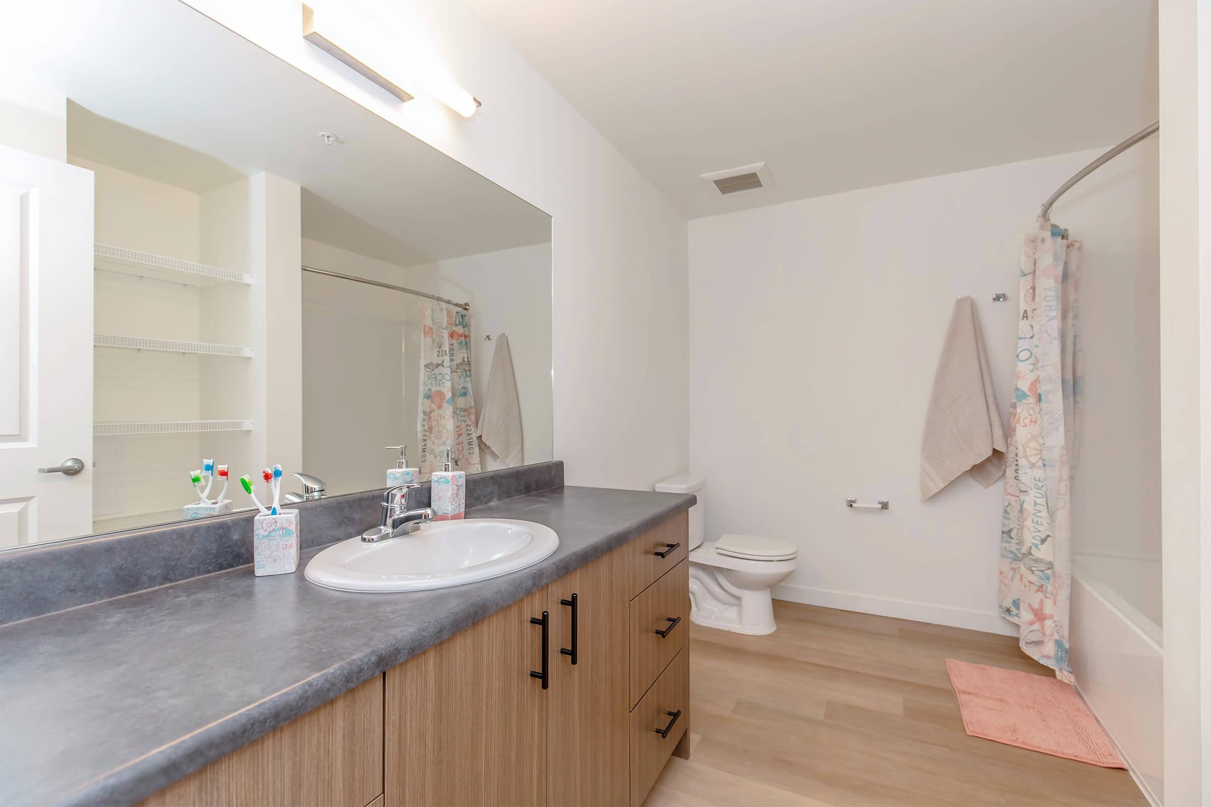 A modern bathroom featuring a large mirror above a dark wood vanity with a sink, colorful toothpaste tubes, and a small rug. The room includes a bathtub with a shower curtain and a towel hanging nearby. Light-colored walls and wooden flooring create a bright and spacious atmosphere.